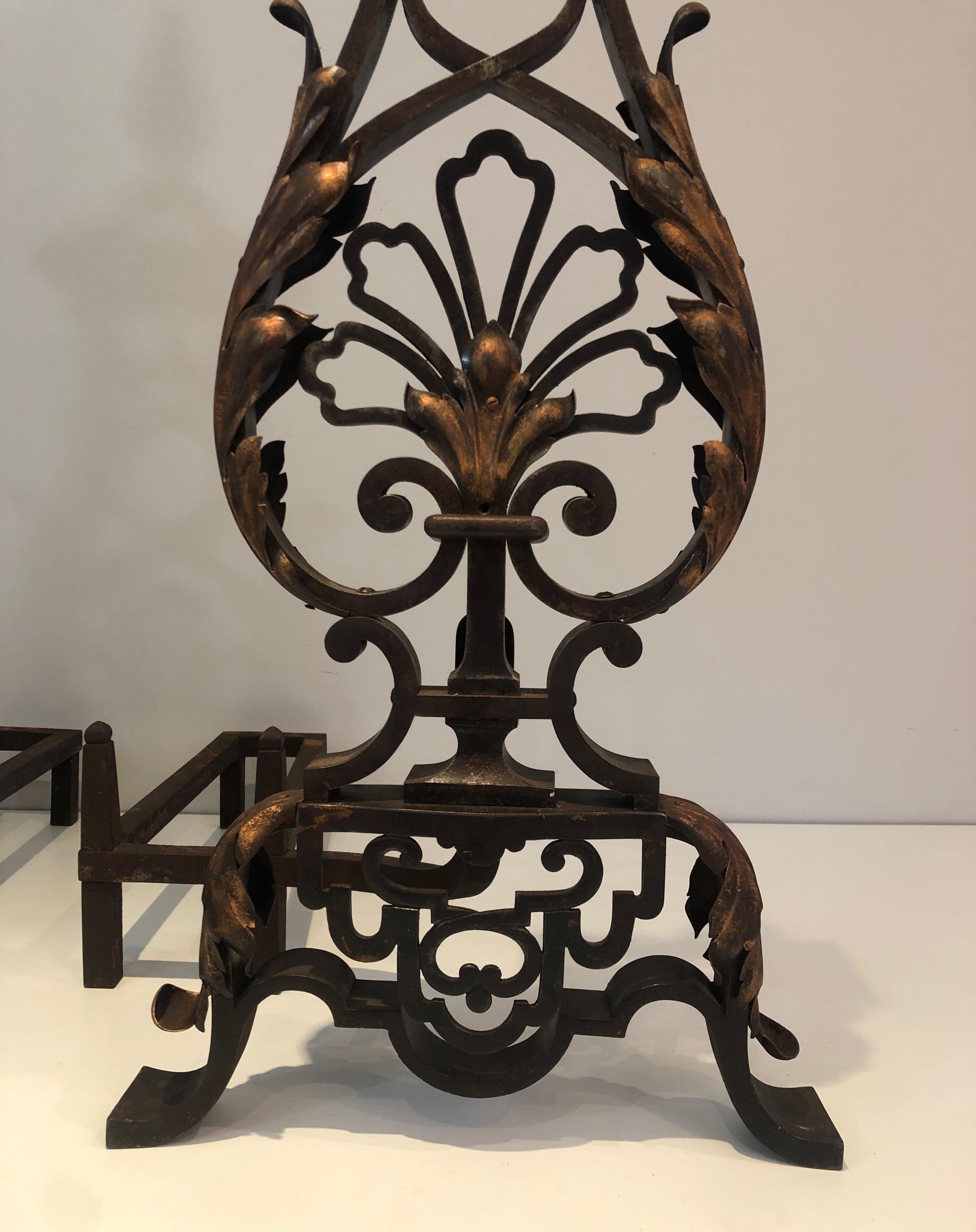 In the Style of Gilbert Poillerat, Important Pair of Wrought Iron Andirons 2