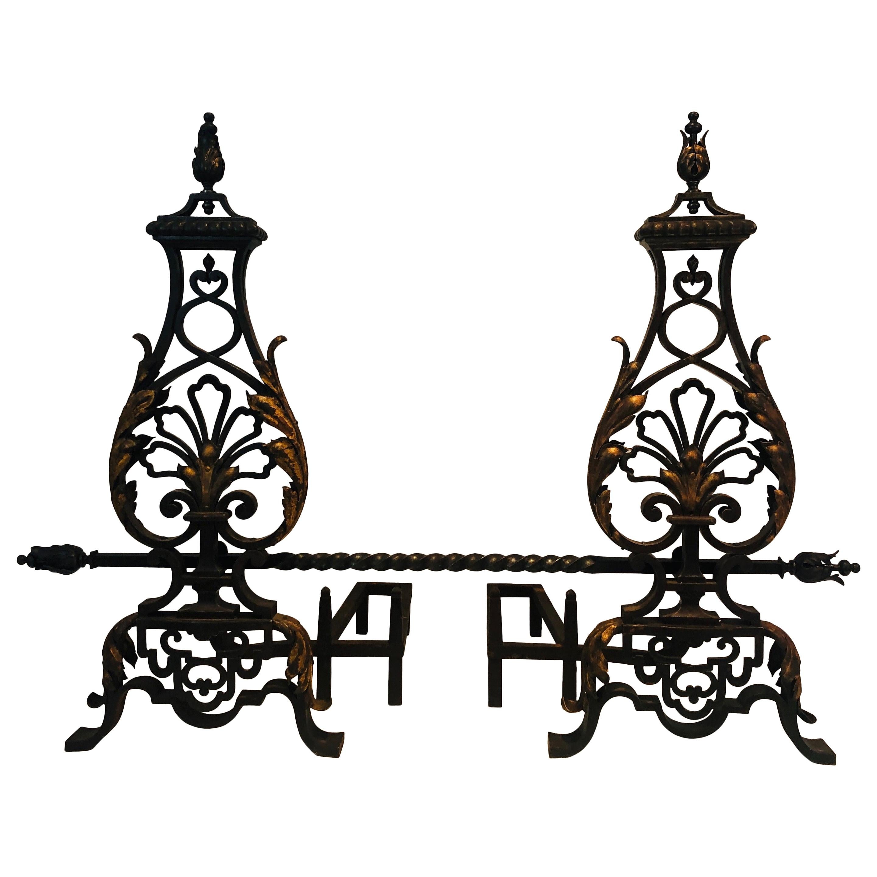 In the Style of Gilbert Poillerat, Important Pair of Wrought Iron Andirons