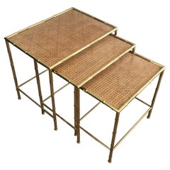 In the Style of J. Adnet, Faux-Bamboo Brass Nesting Tables, 1970s