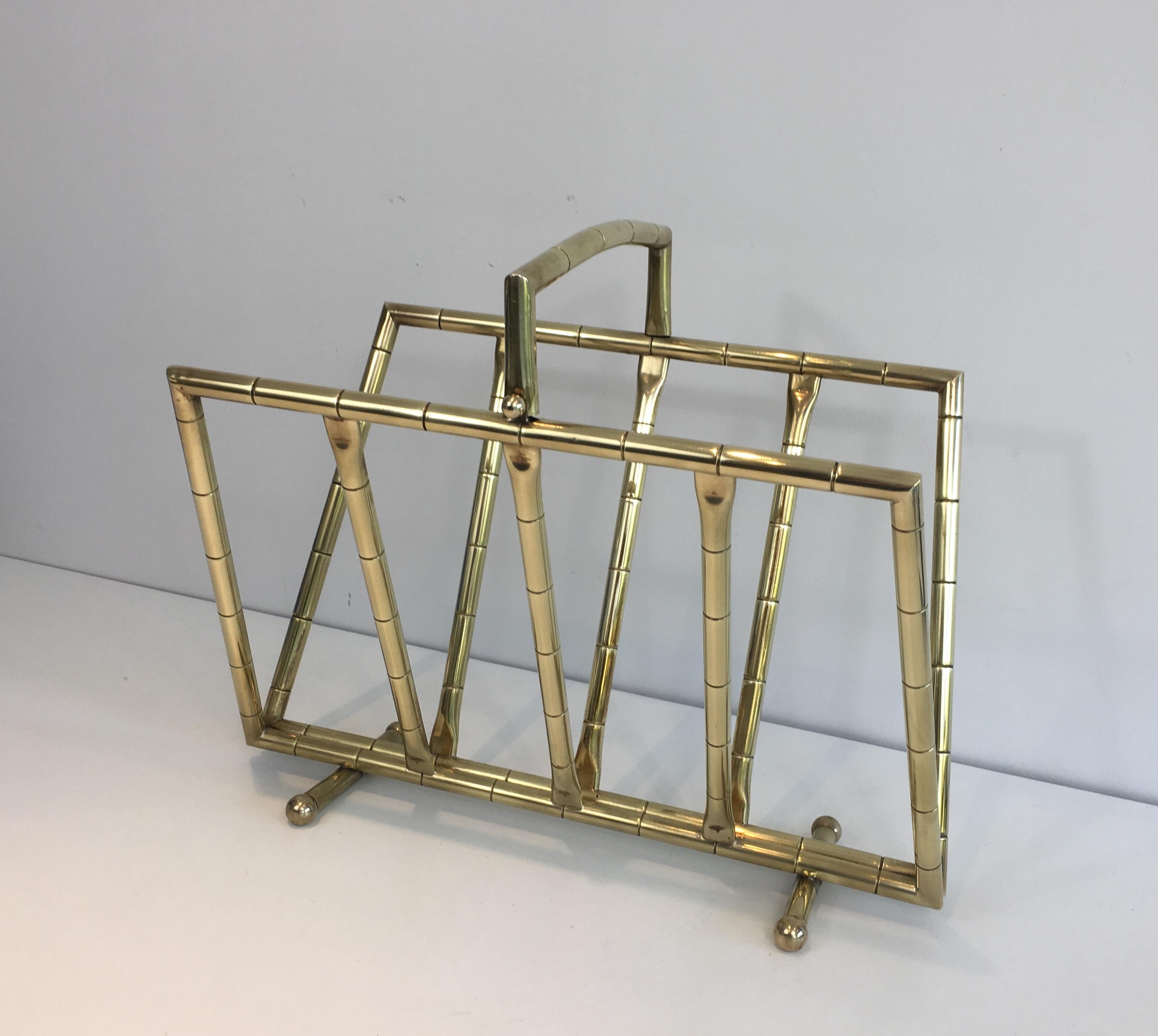 Mid-Century Modern Faux-Bamboo Brass Magazine Rack in the Style of Jacques Adnet For Sale