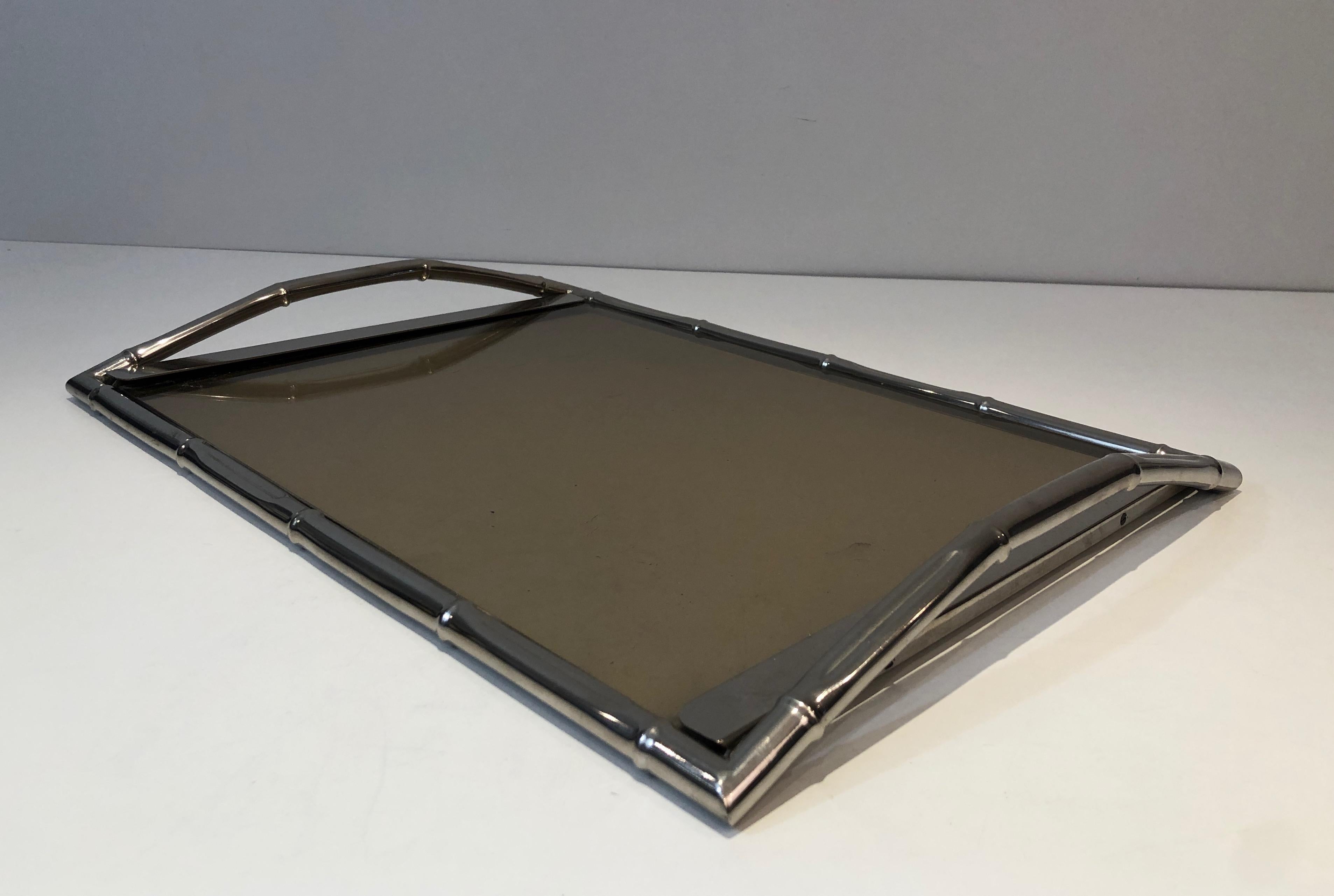 In the Style of Jacques Adnet, Faux-Bamboo Chromed Tray with Smoked Glass French For Sale 5