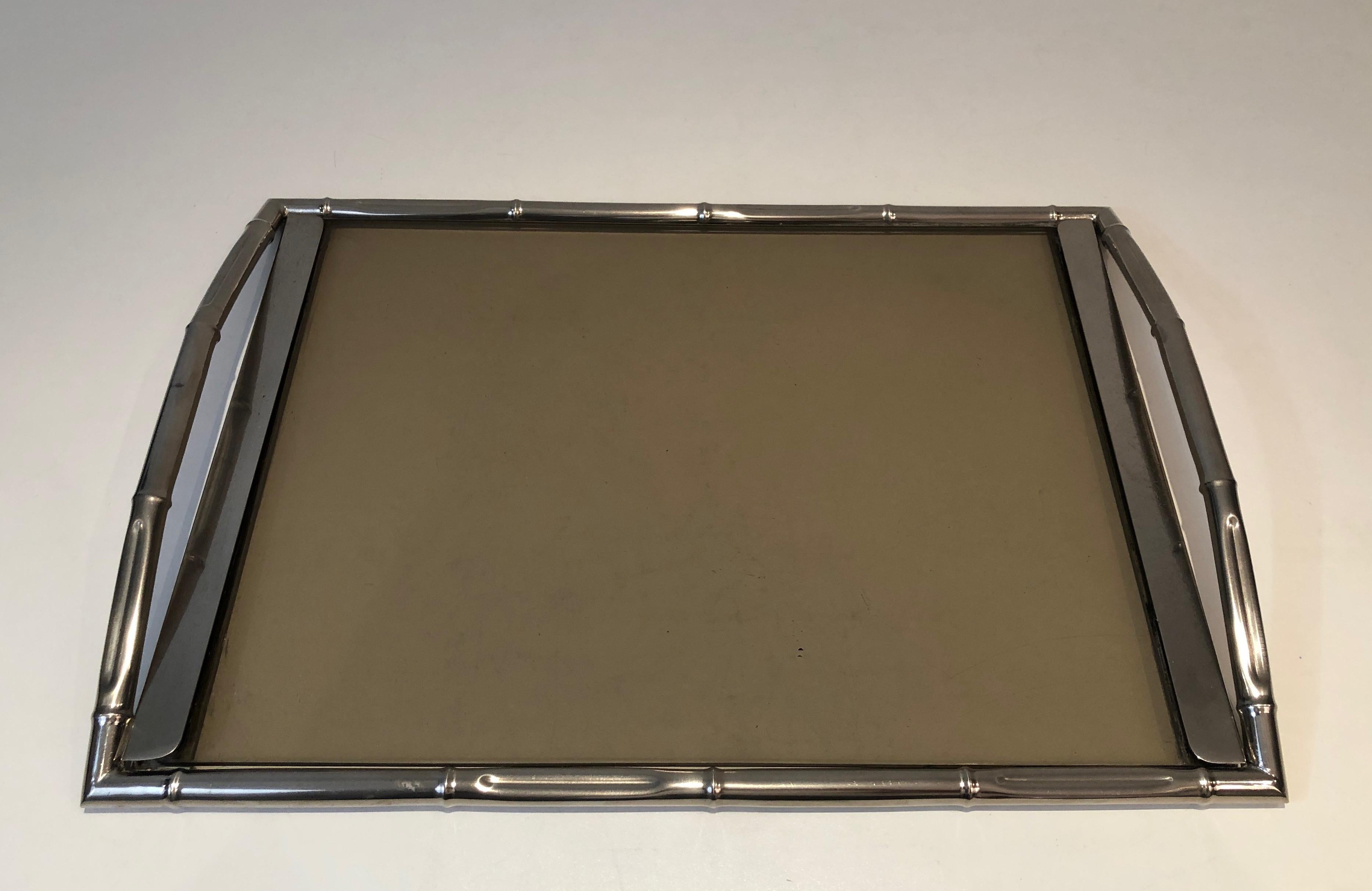 In the Style of Jacques Adnet, Faux-Bamboo Chromed Tray with Smoked Glass French For Sale 6