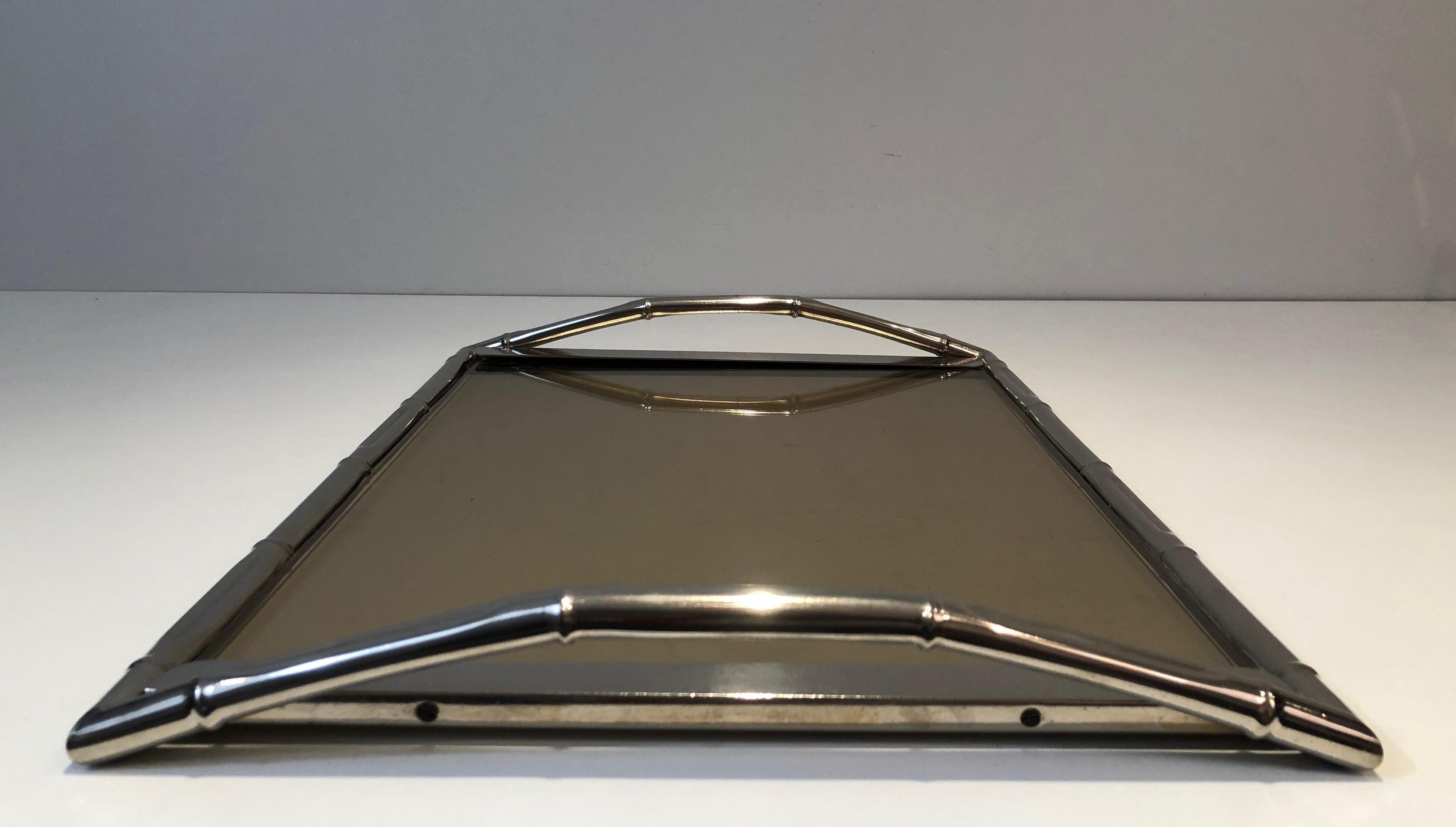 In the Style of Jacques Adnet, Faux-Bamboo Chromed Tray with Smoked Glass French For Sale 8