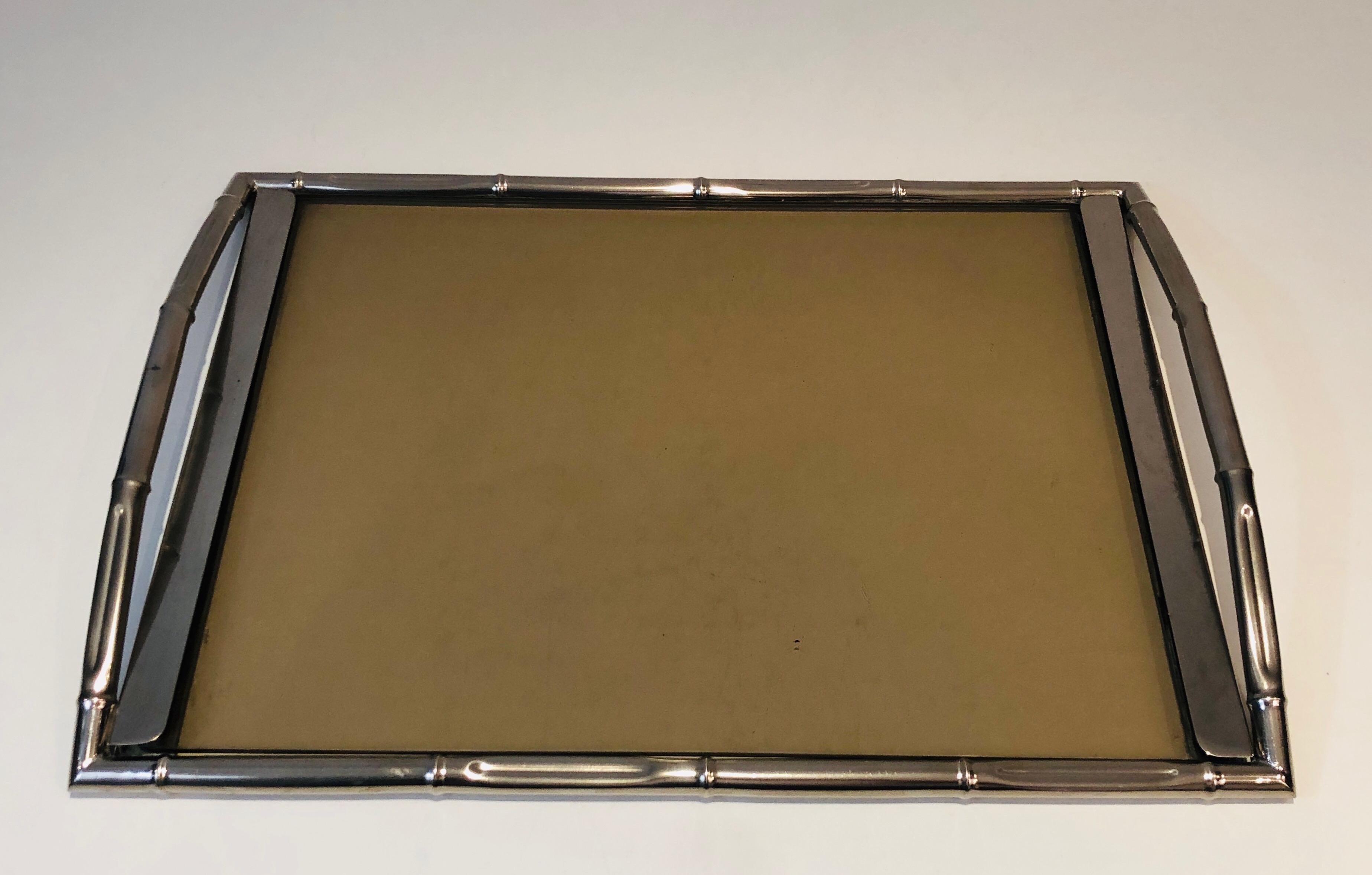 Mid-Century Modern In the Style of Jacques Adnet, Faux-Bamboo Chromed Tray with Smoked Glass French For Sale