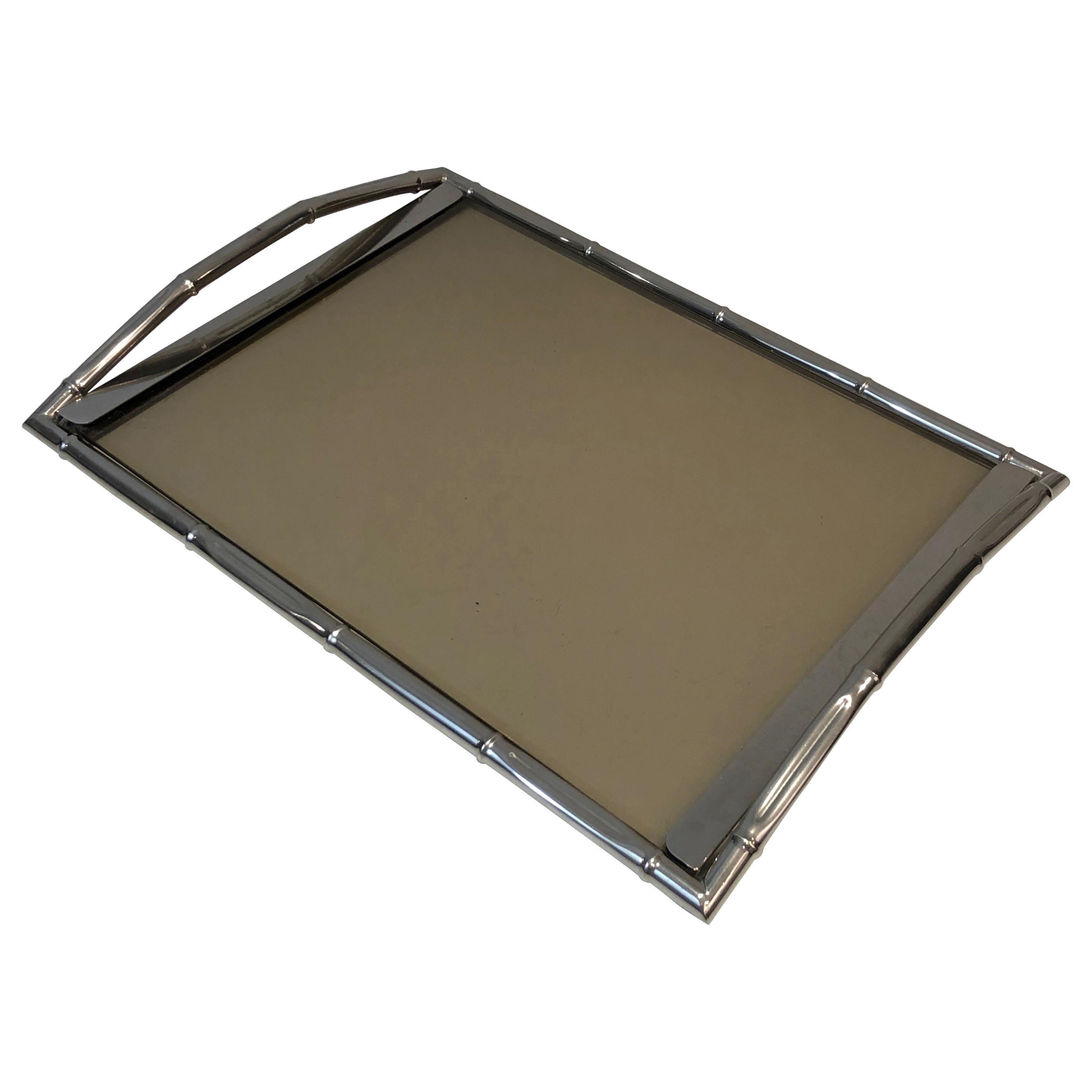 In the Style of Jacques Adnet, Faux-Bamboo Chromed Tray with Smoked Glass French For Sale