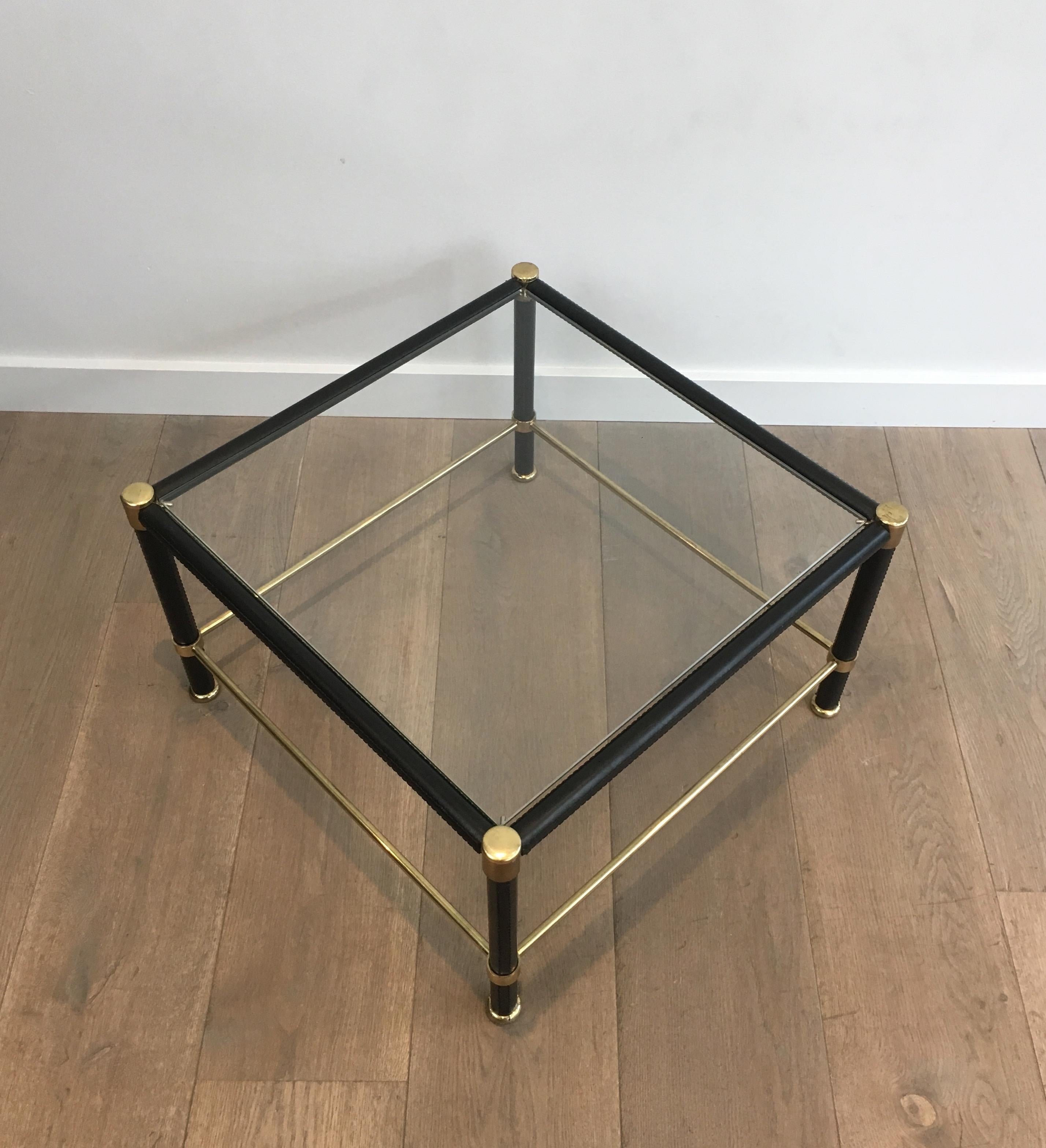 In the Style of Jacques Adnet, Pair of Brass and Black Leather Square Side 9