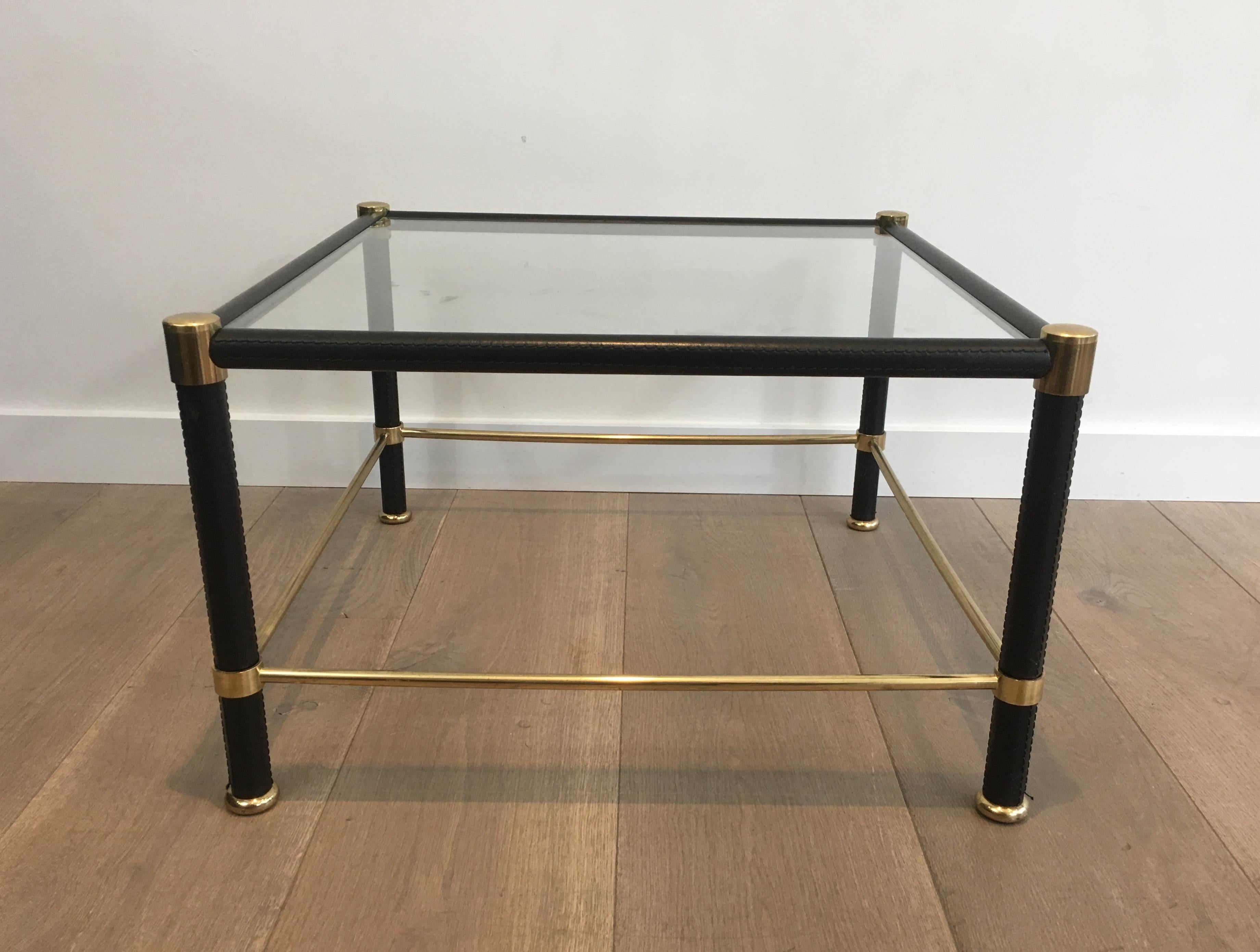 In the Style of Jacques Adnet, Pair of Brass and Black Leather Square Side 10