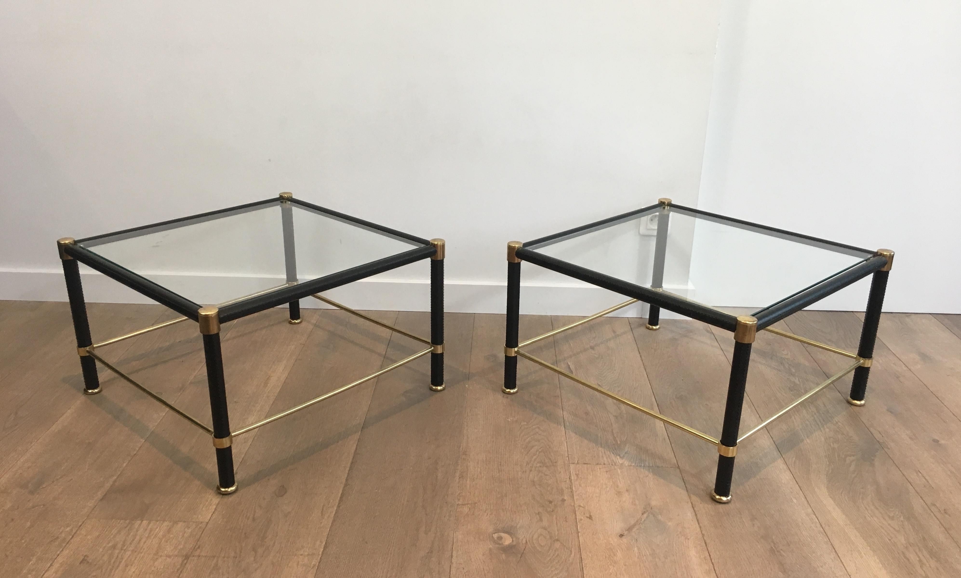 Mid-Century Modern In the Style of Jacques Adnet, Pair of Brass and Black Leather Square Side