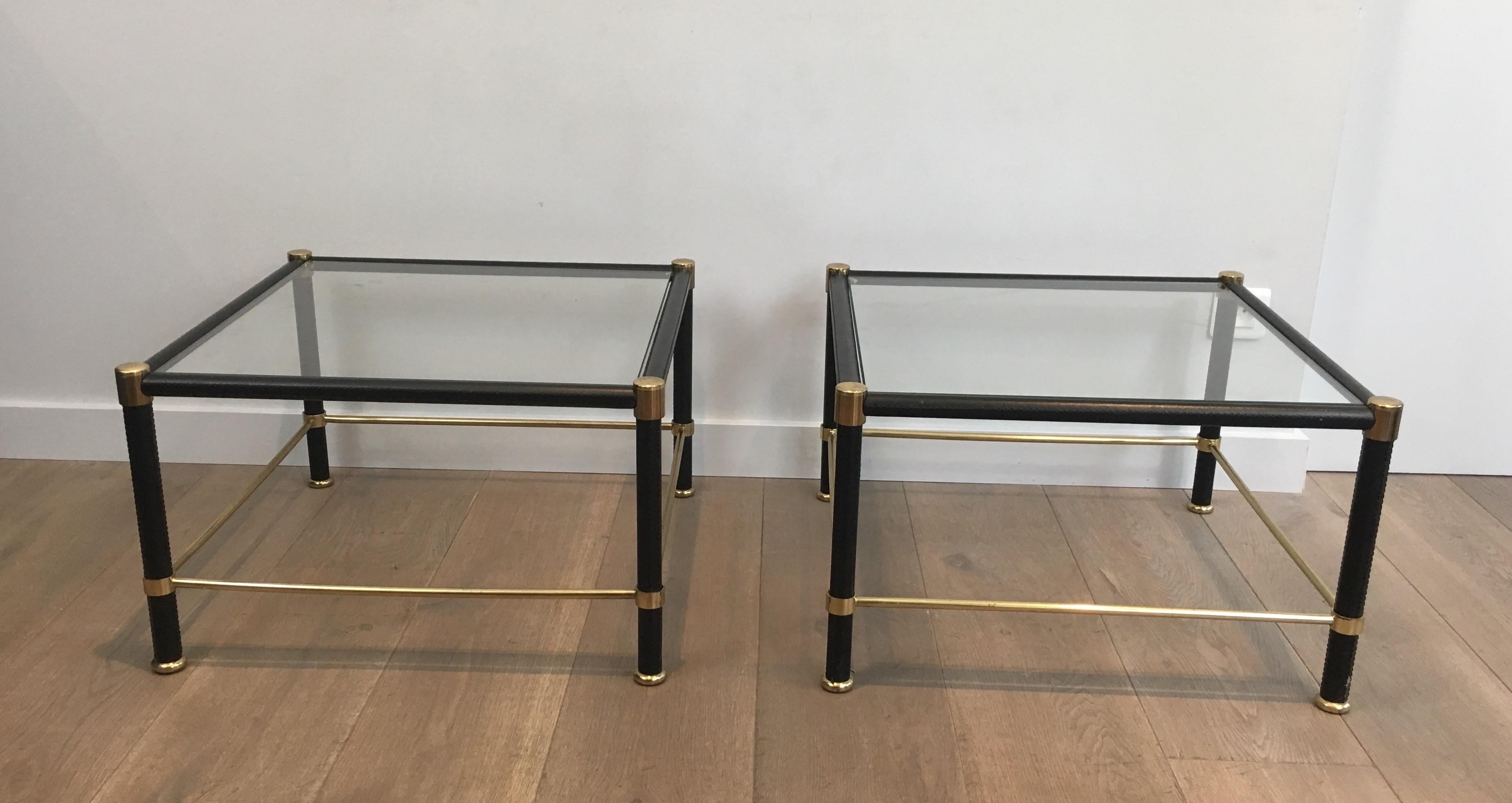 In the Style of Jacques Adnet, Pair of Brass and Black Leather Square Side In Good Condition In Marcq-en-Barœul, Hauts-de-France