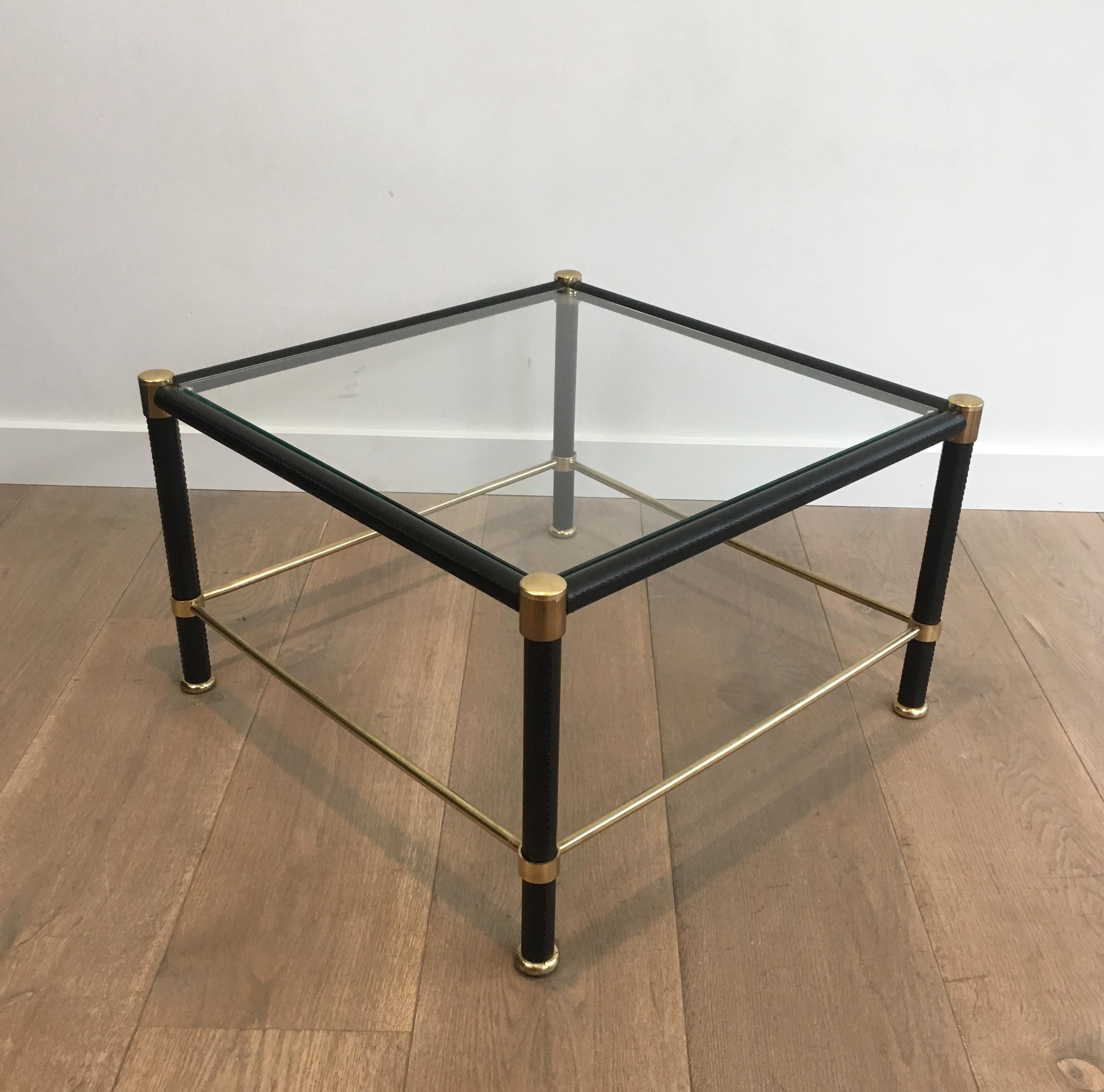 In the Style of Jacques Adnet, Pair of Brass and Black Leather Square Side 1