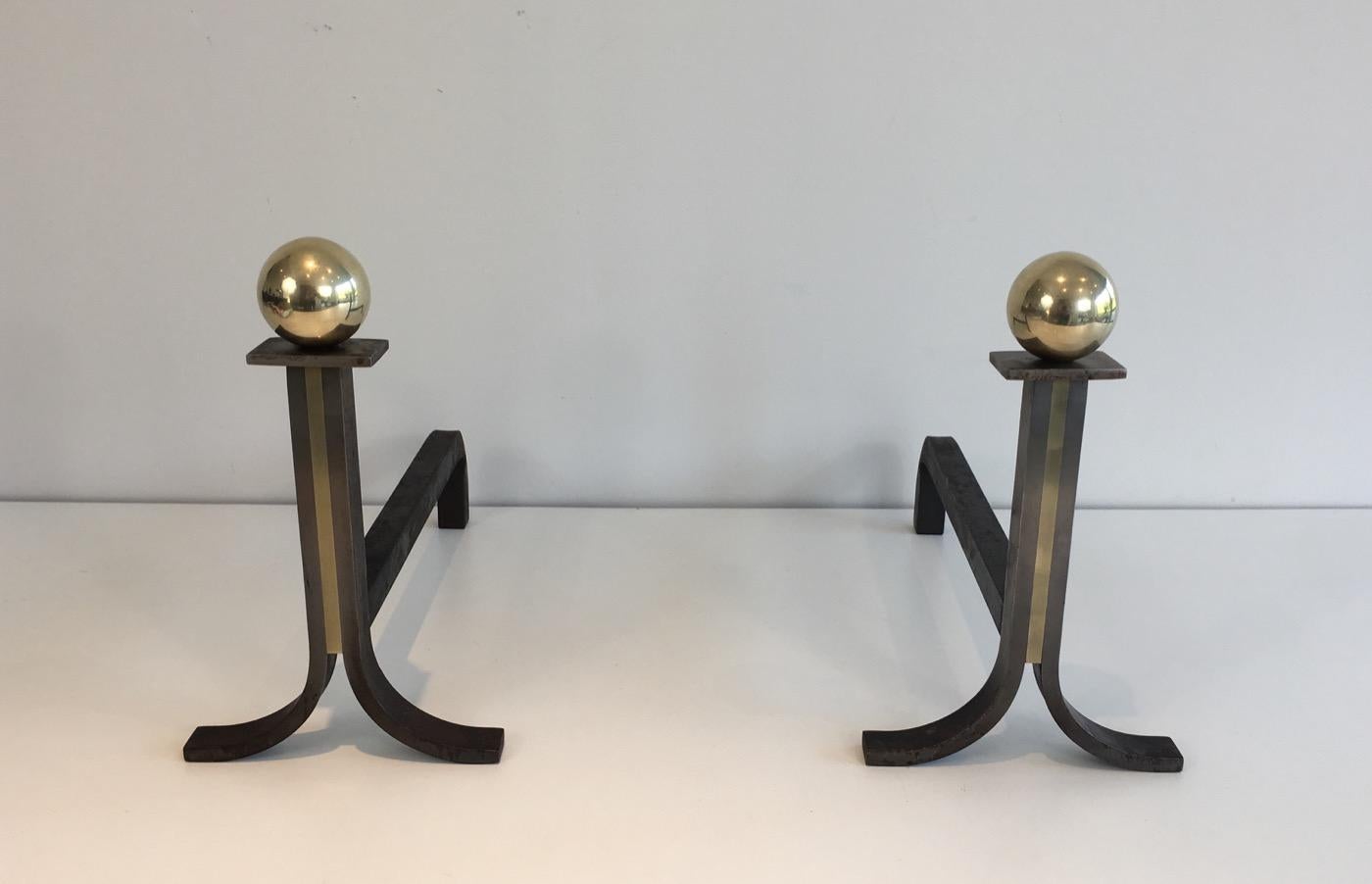 In the Style of Jacques Adnet, Pair of Modernist Steel, Iron and Brass 7