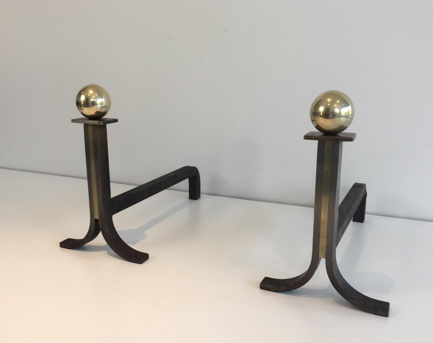 In the Style of Jacques Adnet, Pair of Modernist Steel, Iron and Brass 8