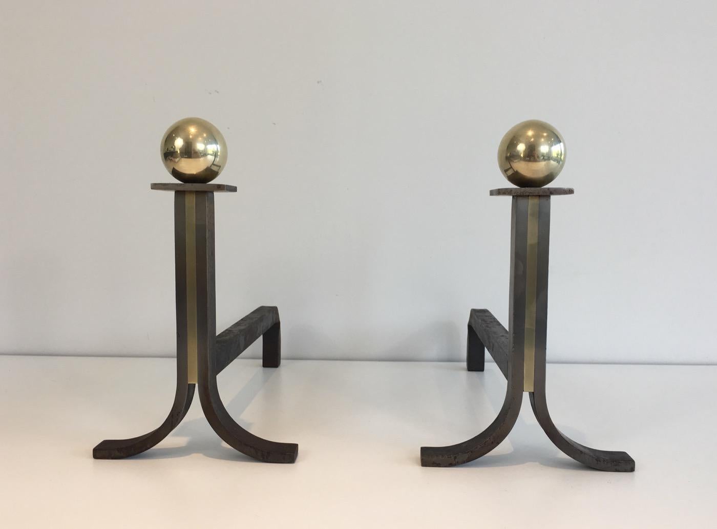 Mid-Century Modern In the Style of Jacques Adnet, Pair of Modernist Steel, Iron and Brass