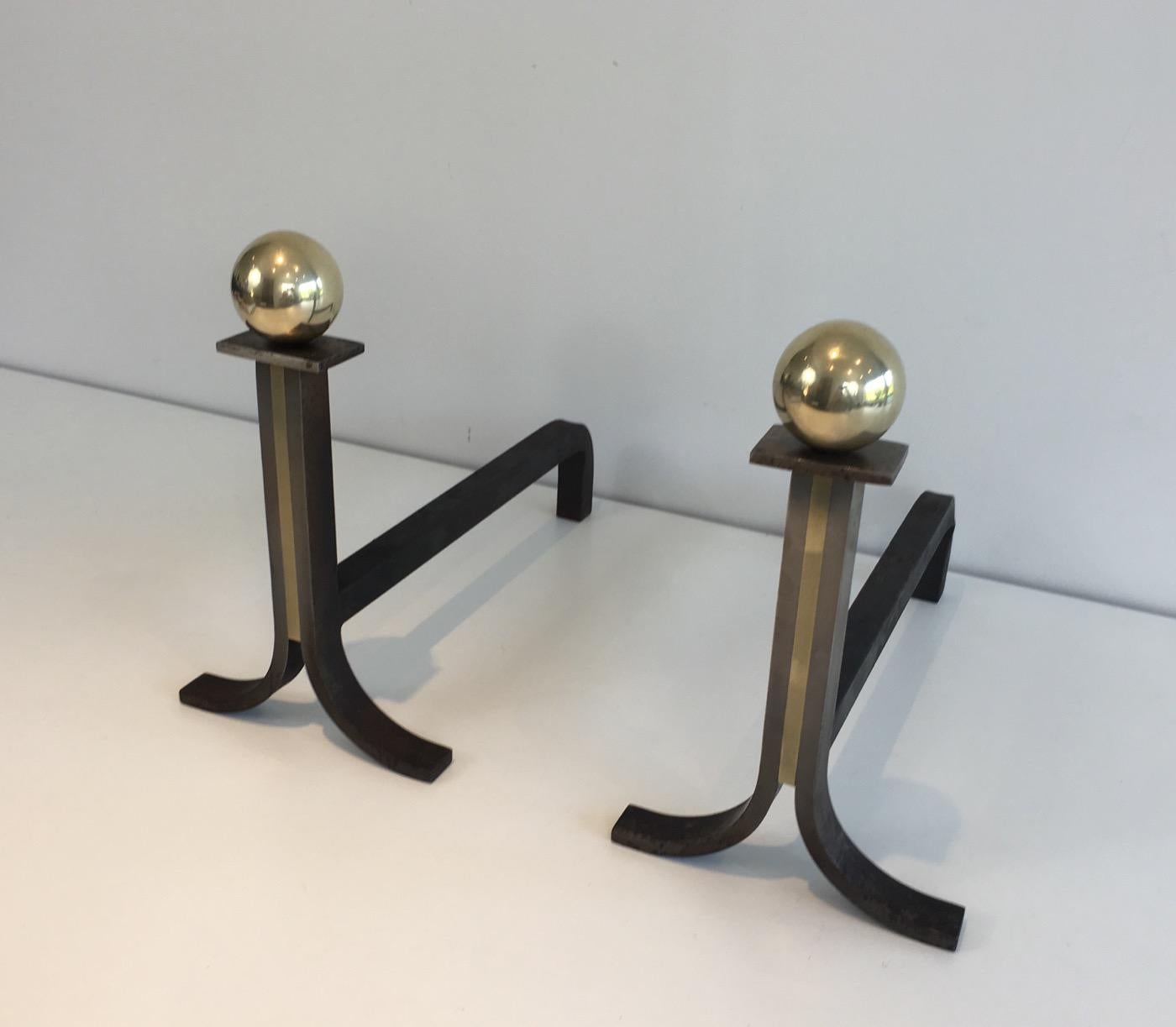 French In the Style of Jacques Adnet, Pair of Modernist Steel, Iron and Brass