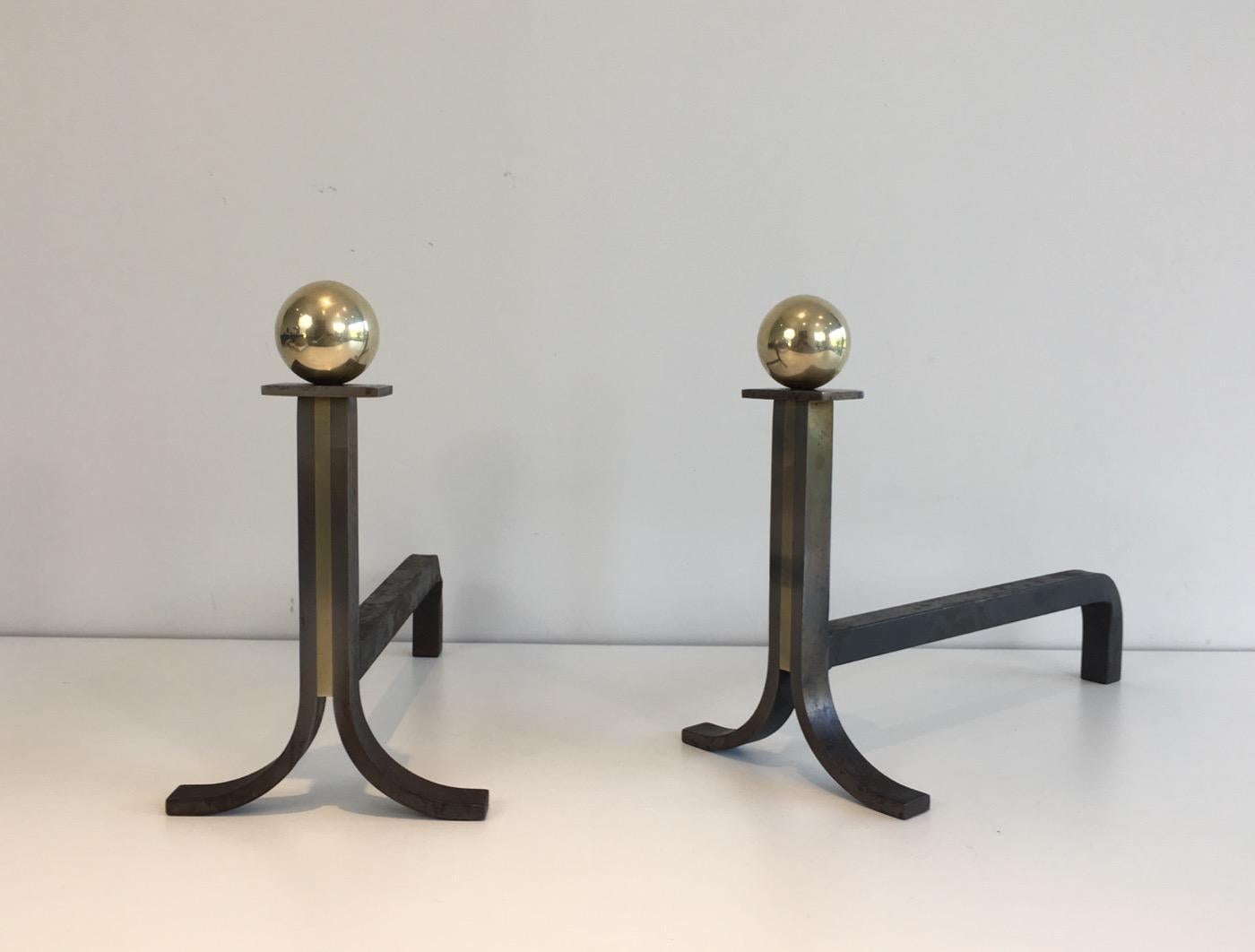 Brushed In the Style of Jacques Adnet, Pair of Modernist Steel, Iron and Brass