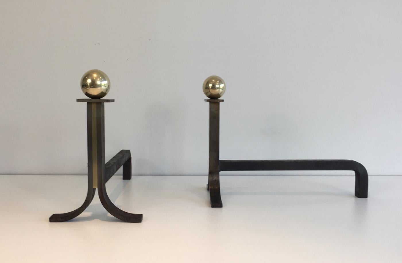 In the Style of Jacques Adnet, Pair of Modernist Steel, Iron and Brass In Good Condition In Marcq-en-Barœul, Hauts-de-France