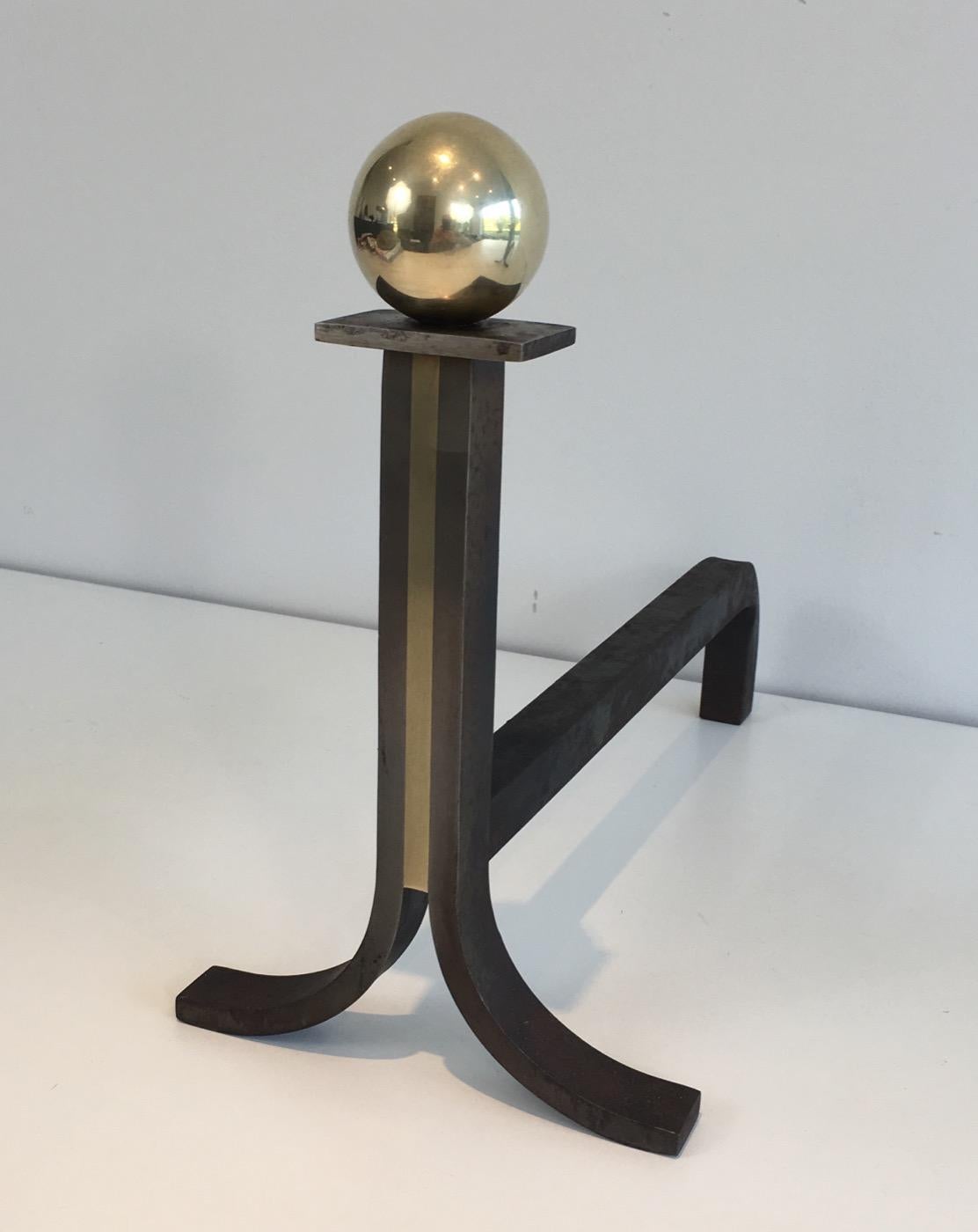 Mid-20th Century In the Style of Jacques Adnet, Pair of Modernist Steel, Iron and Brass