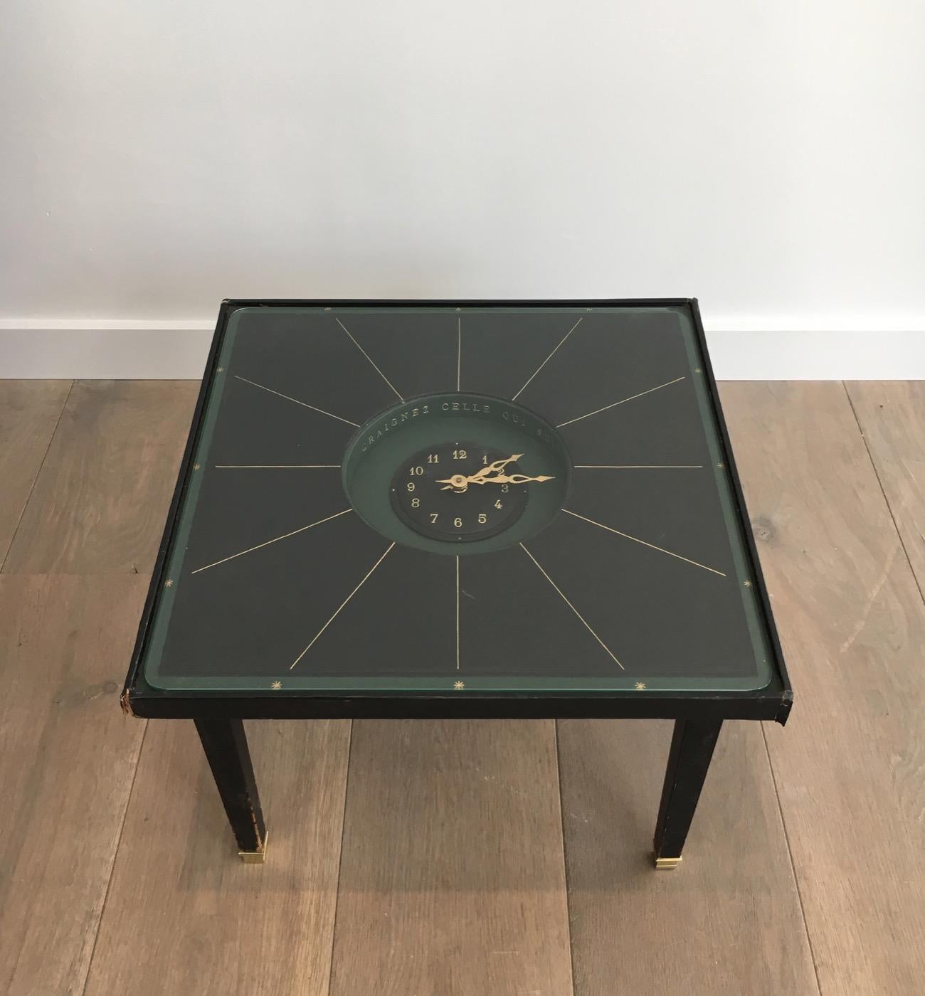 in the Style of Jacques Adnet, Rare Black Leather and Brass Small Clock Table For Sale 6