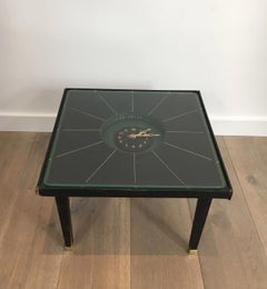 Raro Reloj de Mesa Pequeño de Cuero Negro y Latón al Estilo de Jacques Adnet