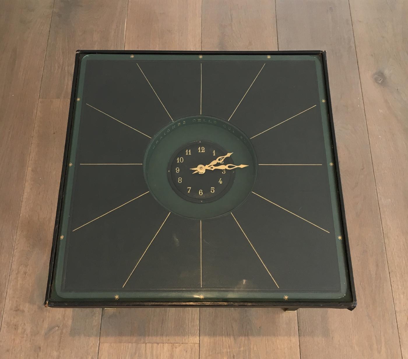 Mid-Century Modern in the Style of Jacques Adnet, Rare Black Leather and Brass Small Clock Table For Sale