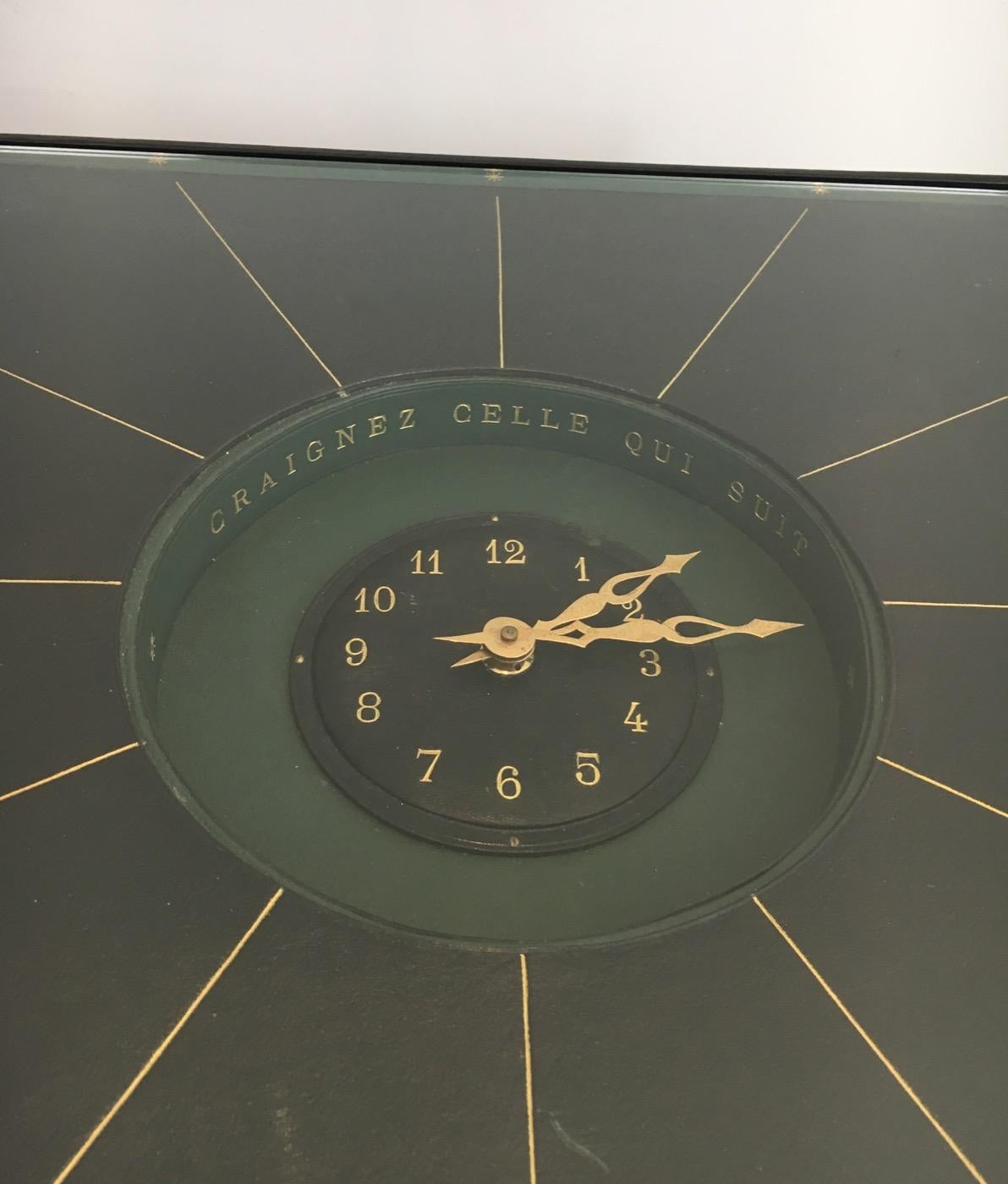 French in the Style of Jacques Adnet, Rare Black Leather and Brass Small Clock Table For Sale