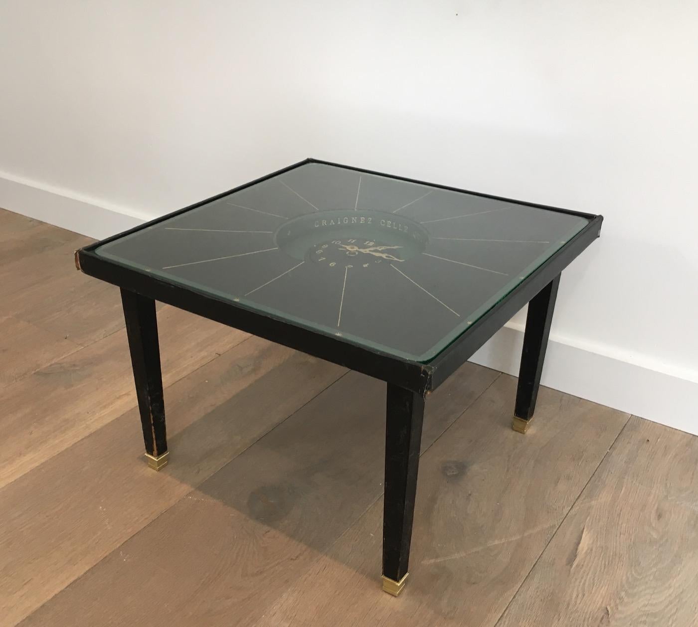 in the Style of Jacques Adnet, Rare Black Leather and Brass Small Clock Table For Sale 1