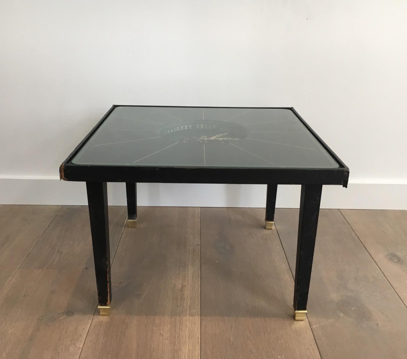 in the Style of Jacques Adnet, Rare Black Leather and Brass Small Clock Table For Sale 2