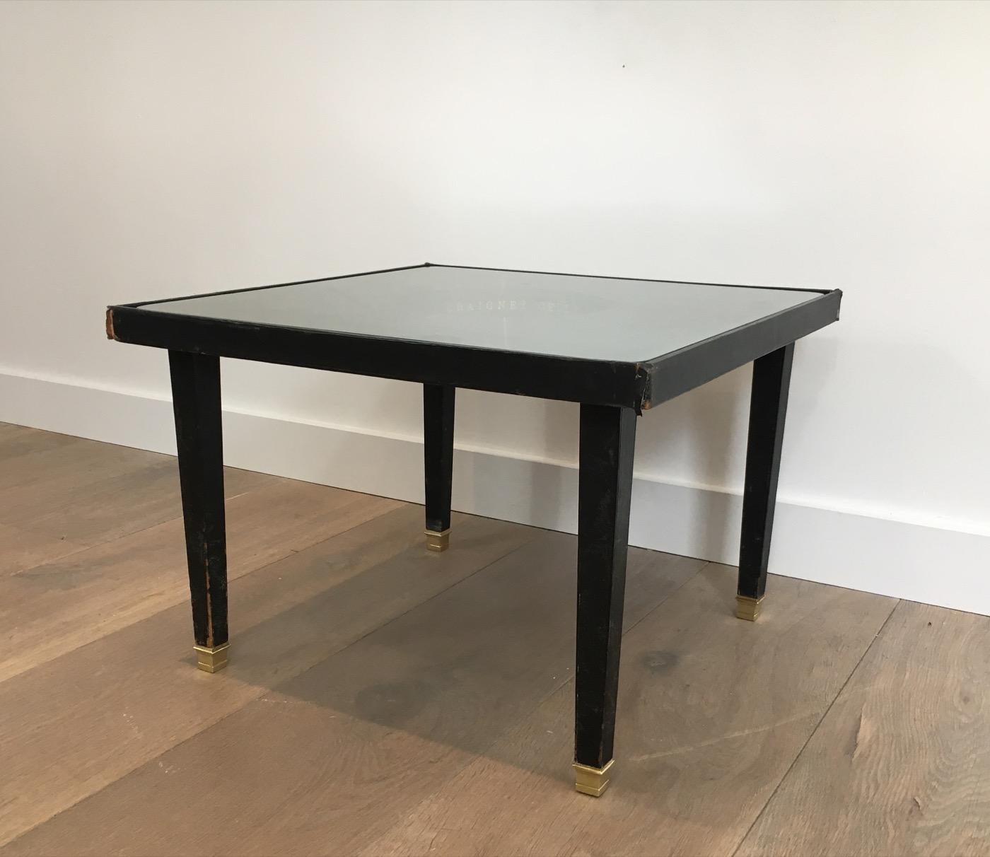 in the Style of Jacques Adnet, Rare Black Leather and Brass Small Clock Table For Sale 3