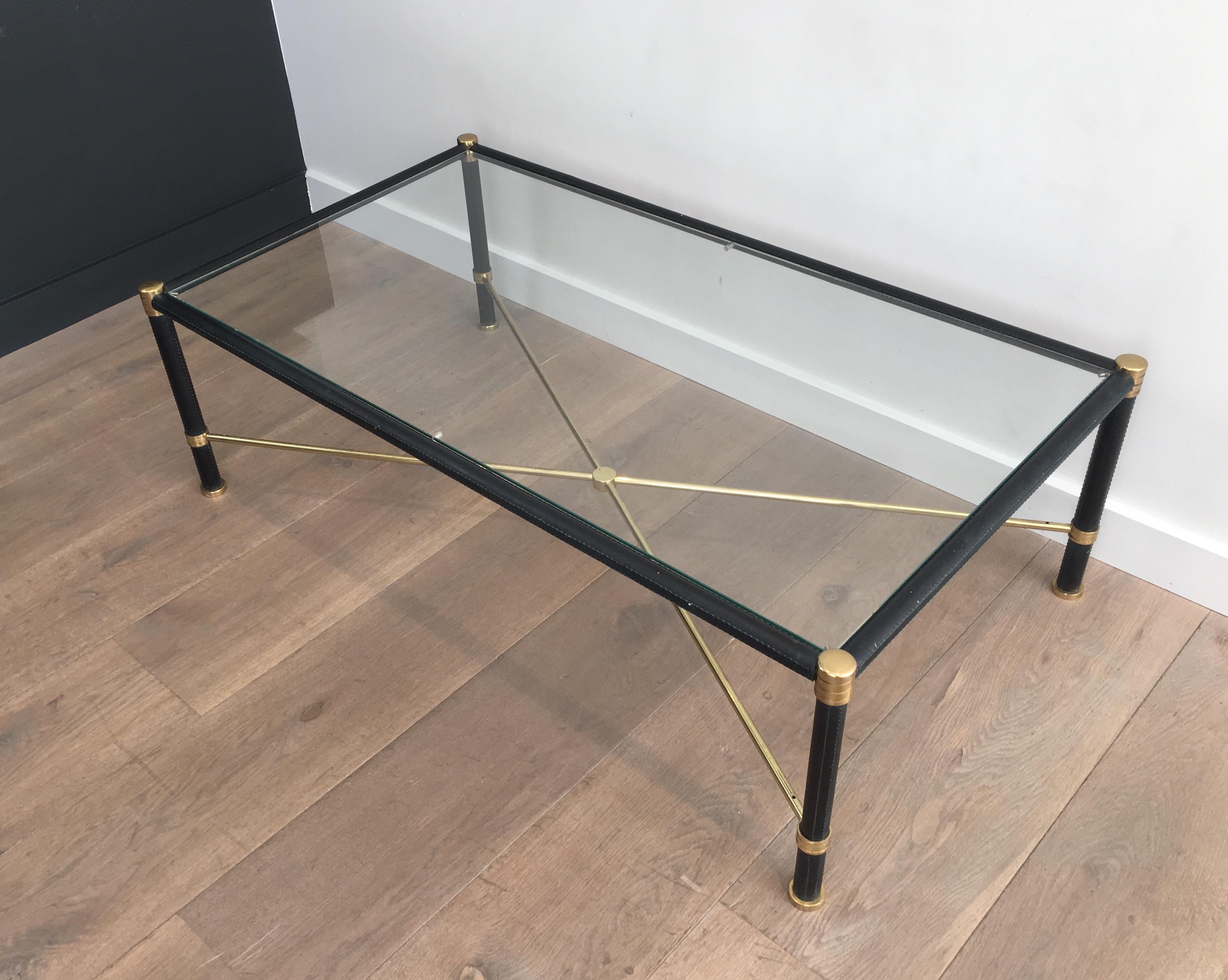 In the Style of Jacques Adnet, Rectangular Brass and Black Lacquered Coffee For Sale 14