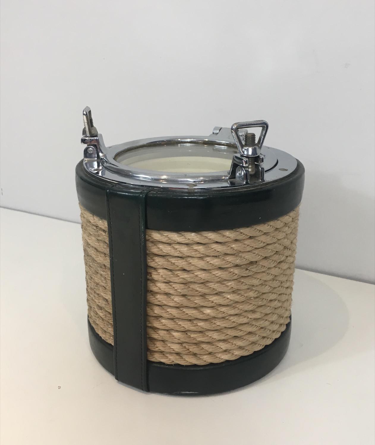 Mid-Century Modern In the Style of Jacques Adnet, Unusual Chrome, Leather and Rope Ice Bucket For Sale