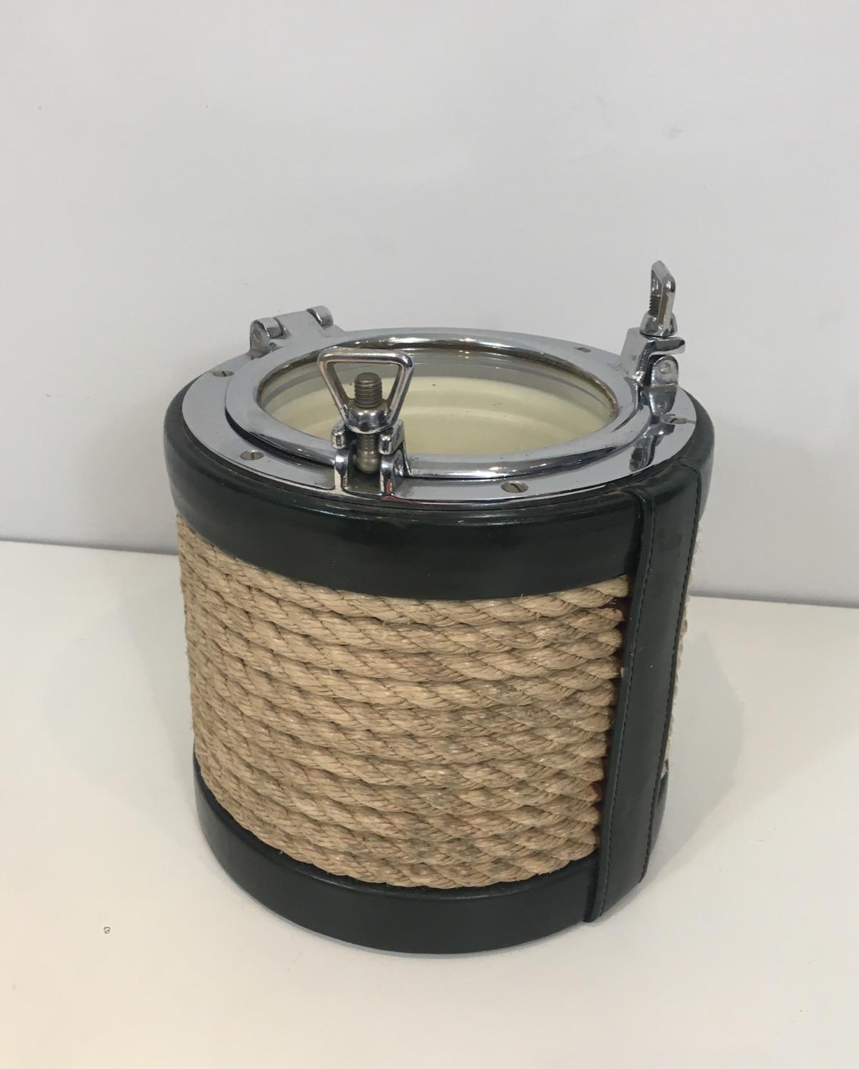 French In the Style of Jacques Adnet, Unusual Chrome, Leather and Rope Ice Bucket For Sale