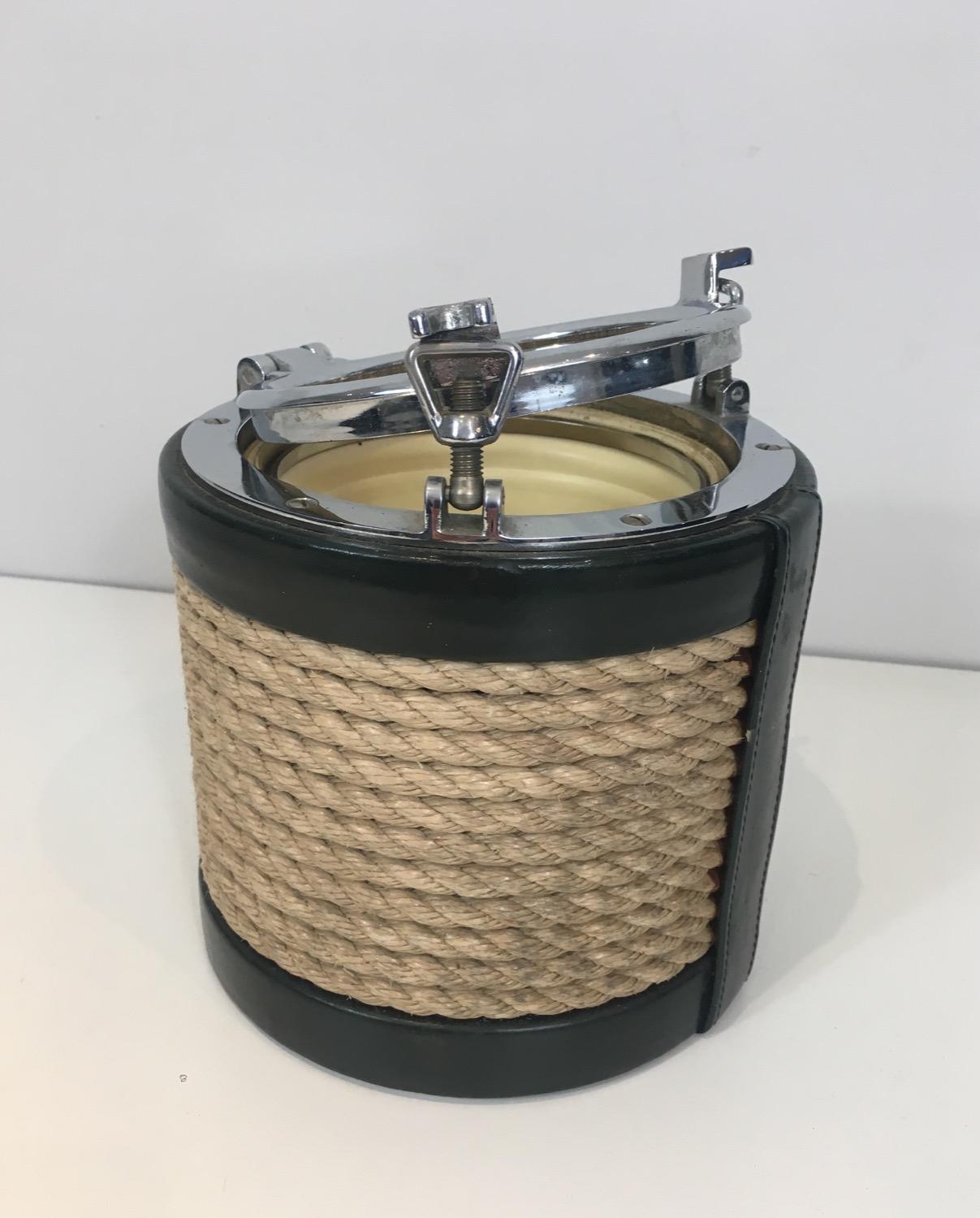 In the Style of Jacques Adnet, Unusual Chrome, Leather and Rope Ice Bucket For Sale 1