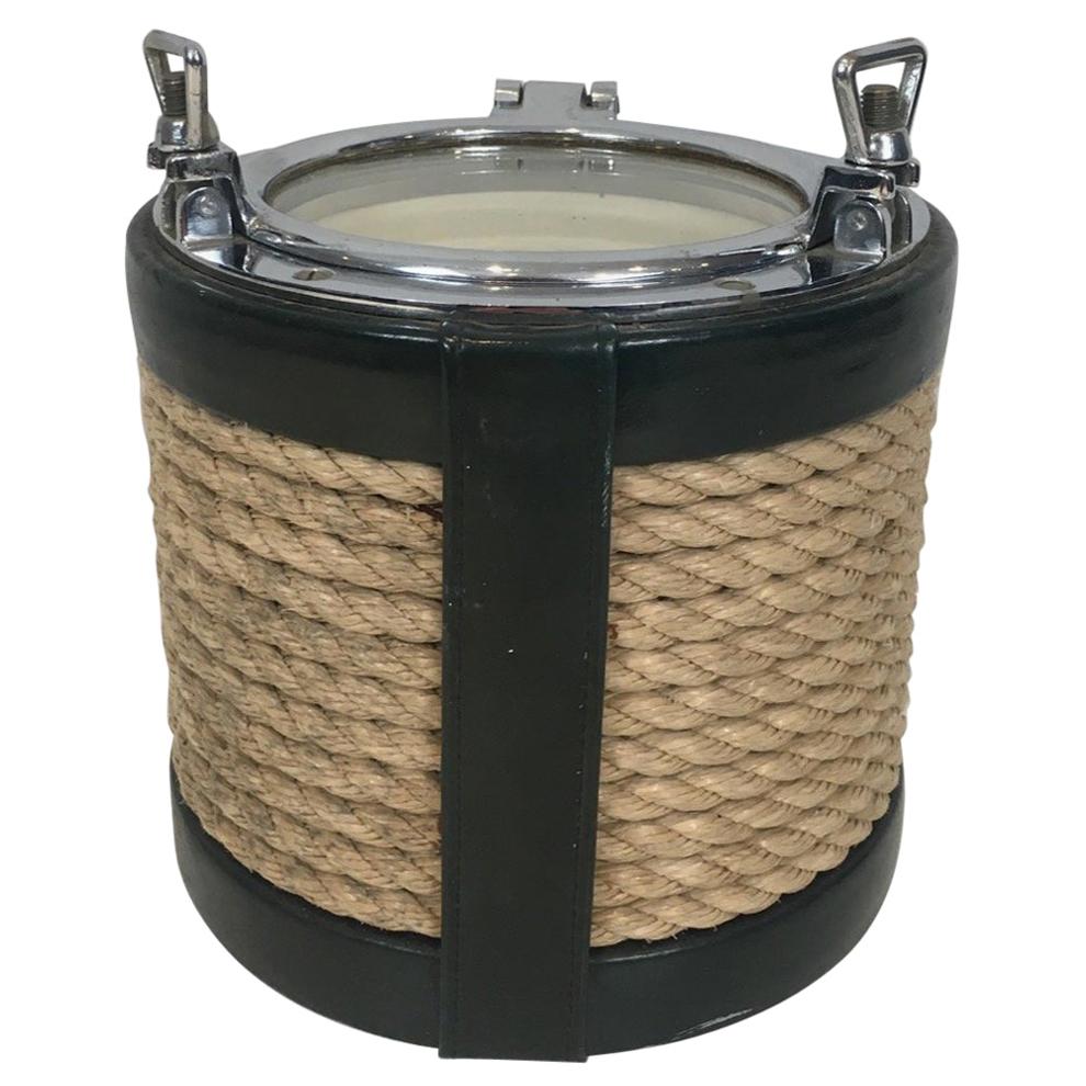 In the Style of Jacques Adnet, Unusual Chrome, Leather and Rope Ice Bucket For Sale