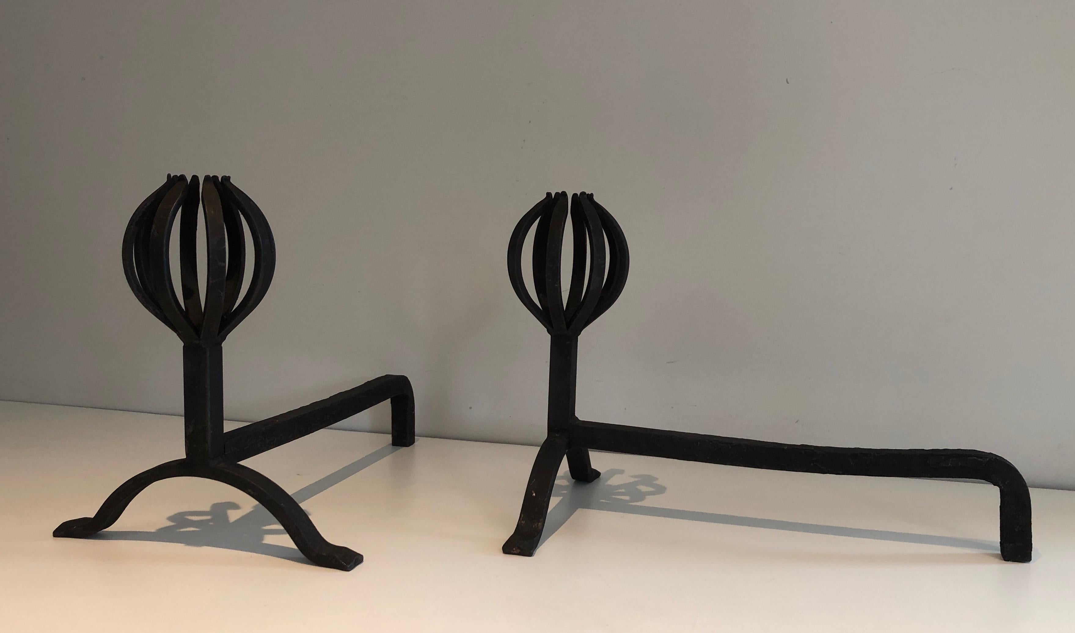 In the Style of Jean Royère, Pair of Modernist Wrought Iron Andirons 4