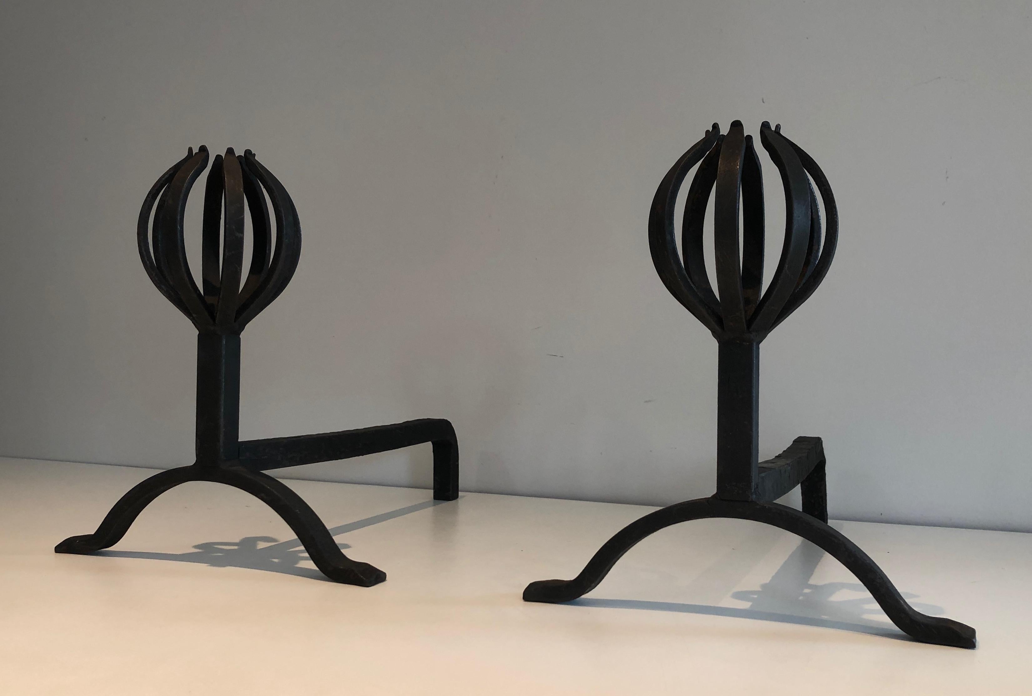 In the Style of Jean Royère, Pair of Modernist Wrought Iron Andirons 6