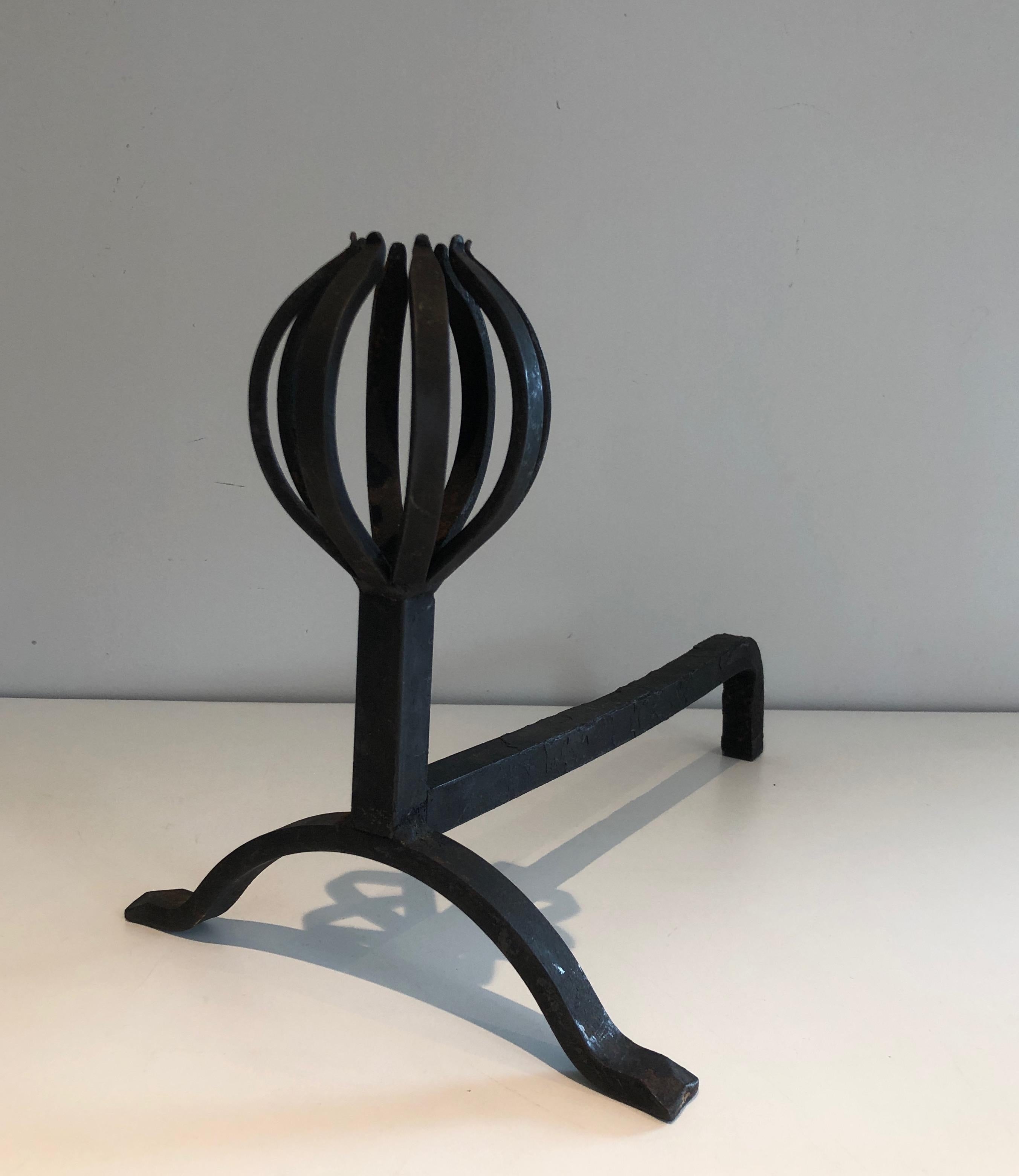 In the Style of Jean Royère, Pair of Modernist Wrought Iron Andirons 7