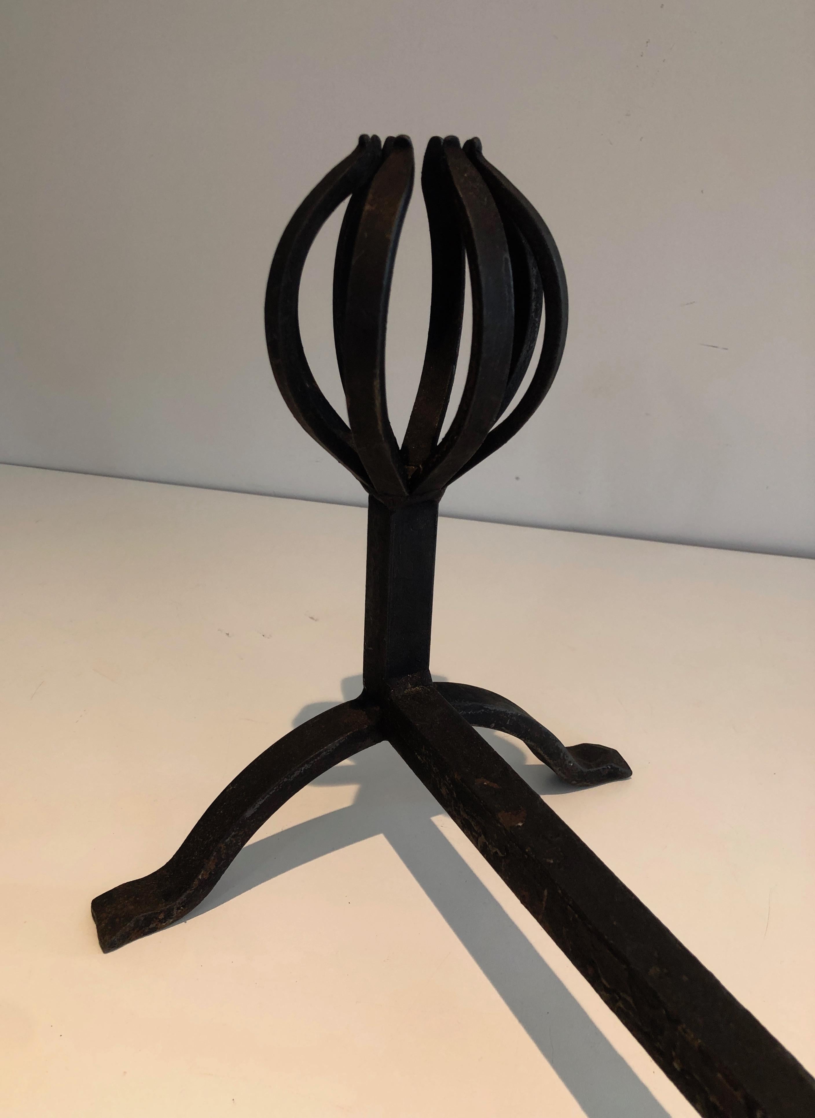 In the Style of Jean Royère, Pair of Modernist Wrought Iron Andirons 8