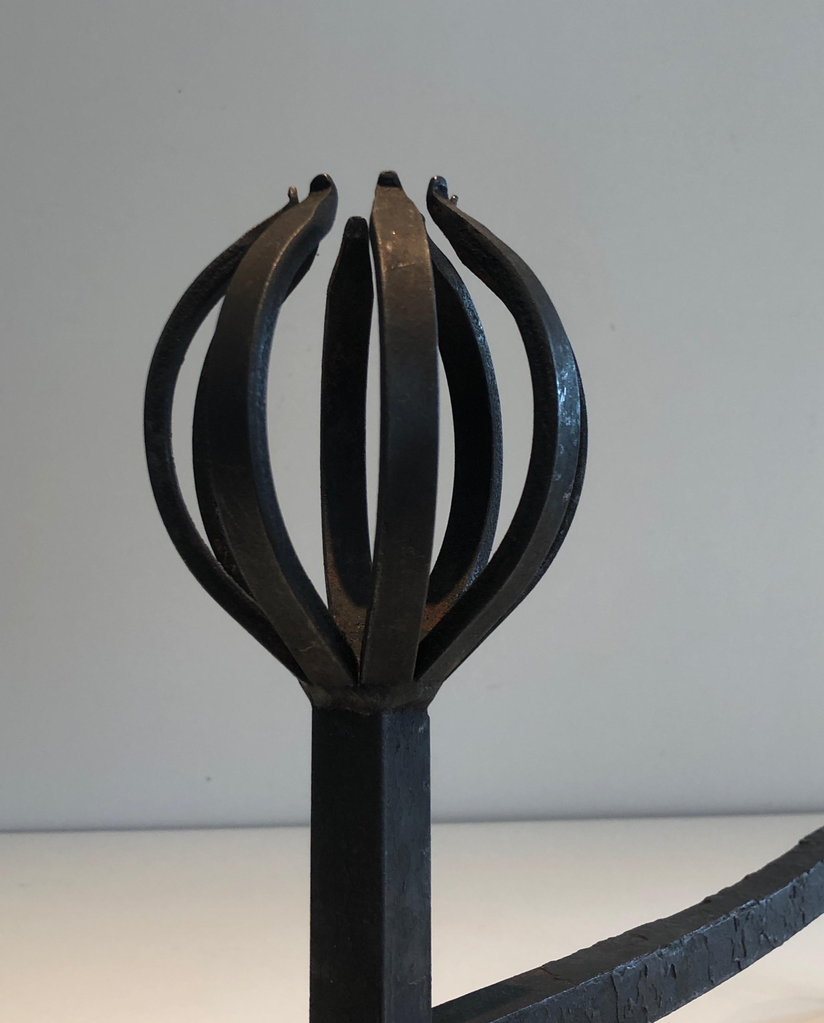 In the Style of Jean Royère, Pair of Modernist Wrought Iron Andirons 9