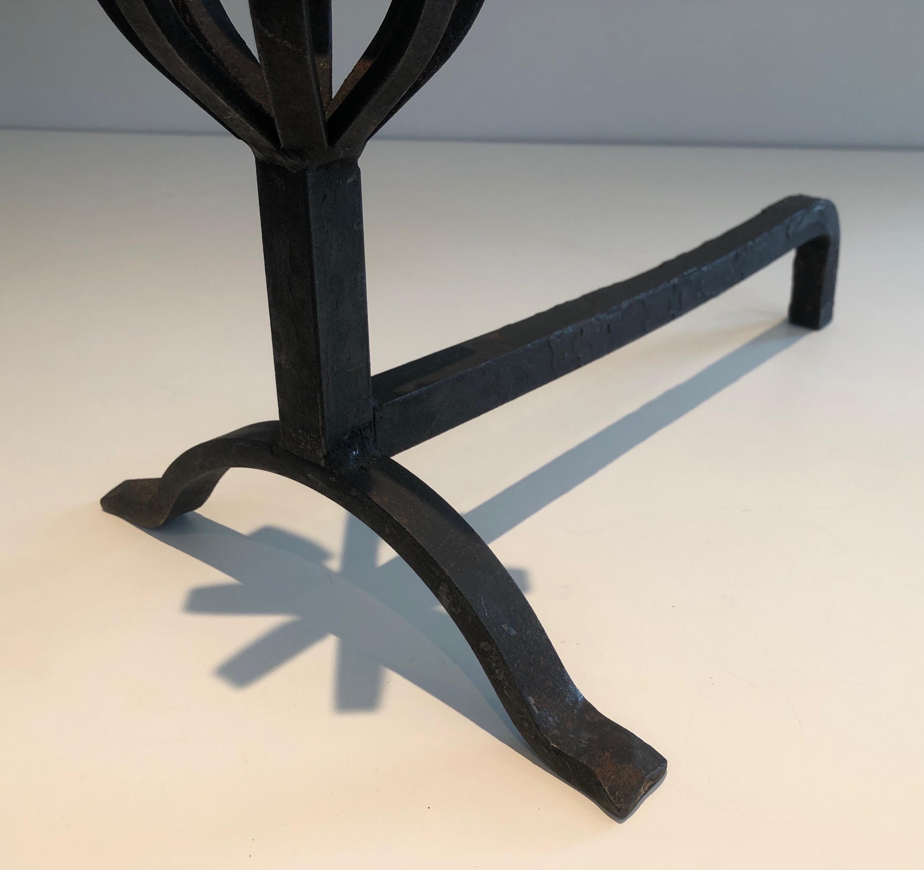 In the Style of Jean Royère, Pair of Modernist Wrought Iron Andirons 10