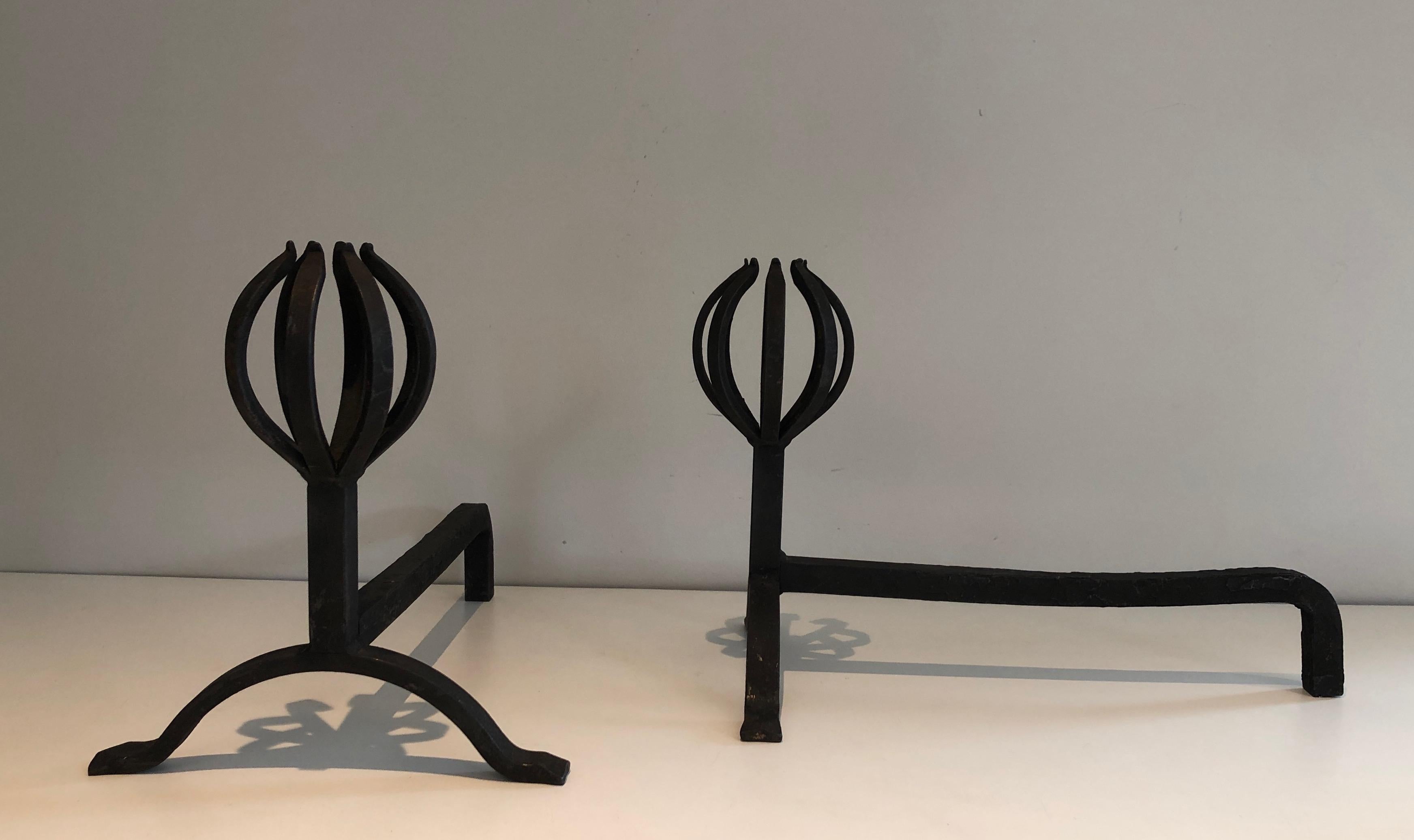 In the Style of Jean Royère, Pair of Modernist Wrought Iron Andirons 11