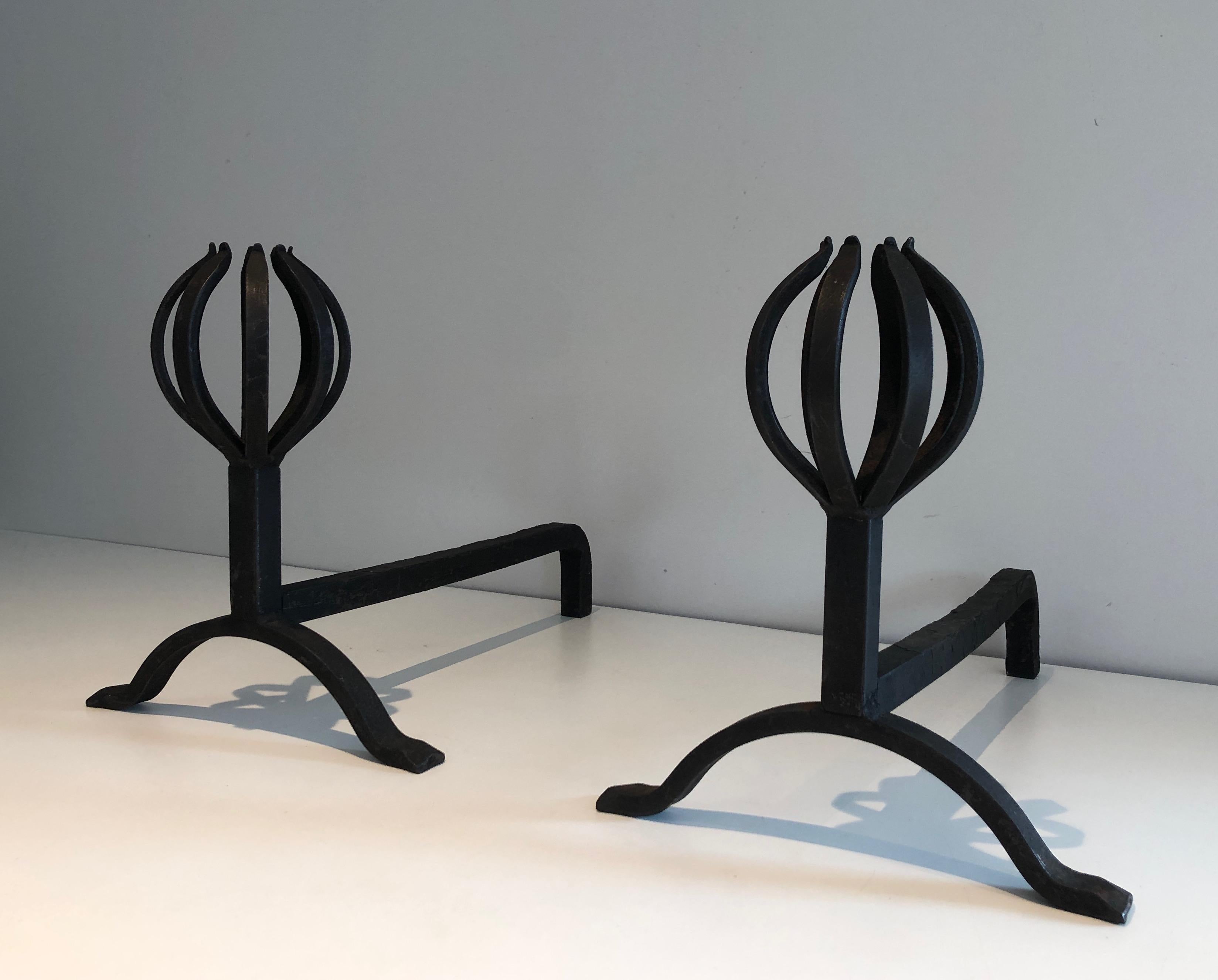 In the Style of Jean Royère, Pair of Modernist Wrought Iron Andirons 12