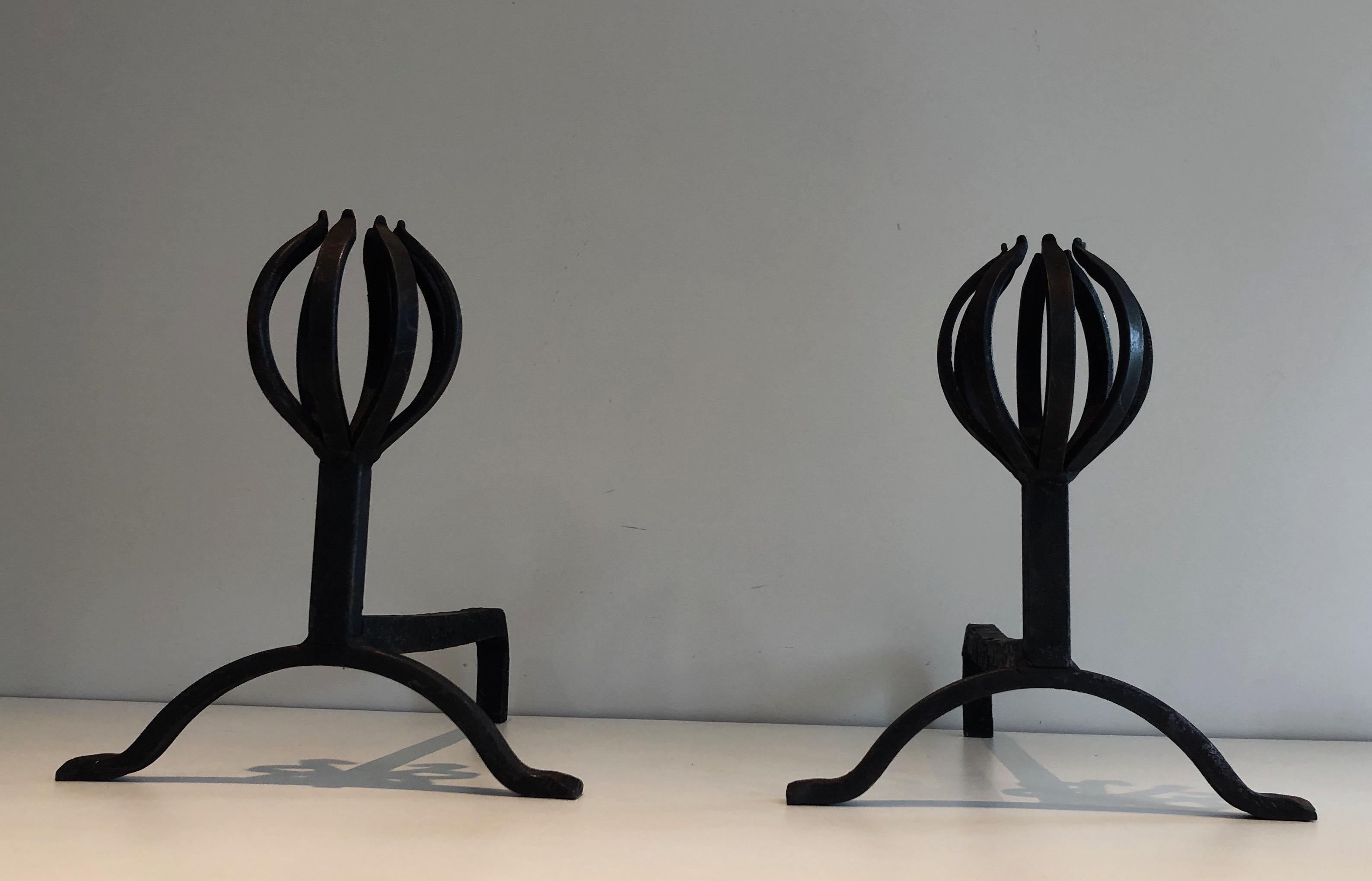 In the Style of Jean Royère, Pair of Modernist Wrought Iron Andirons 13