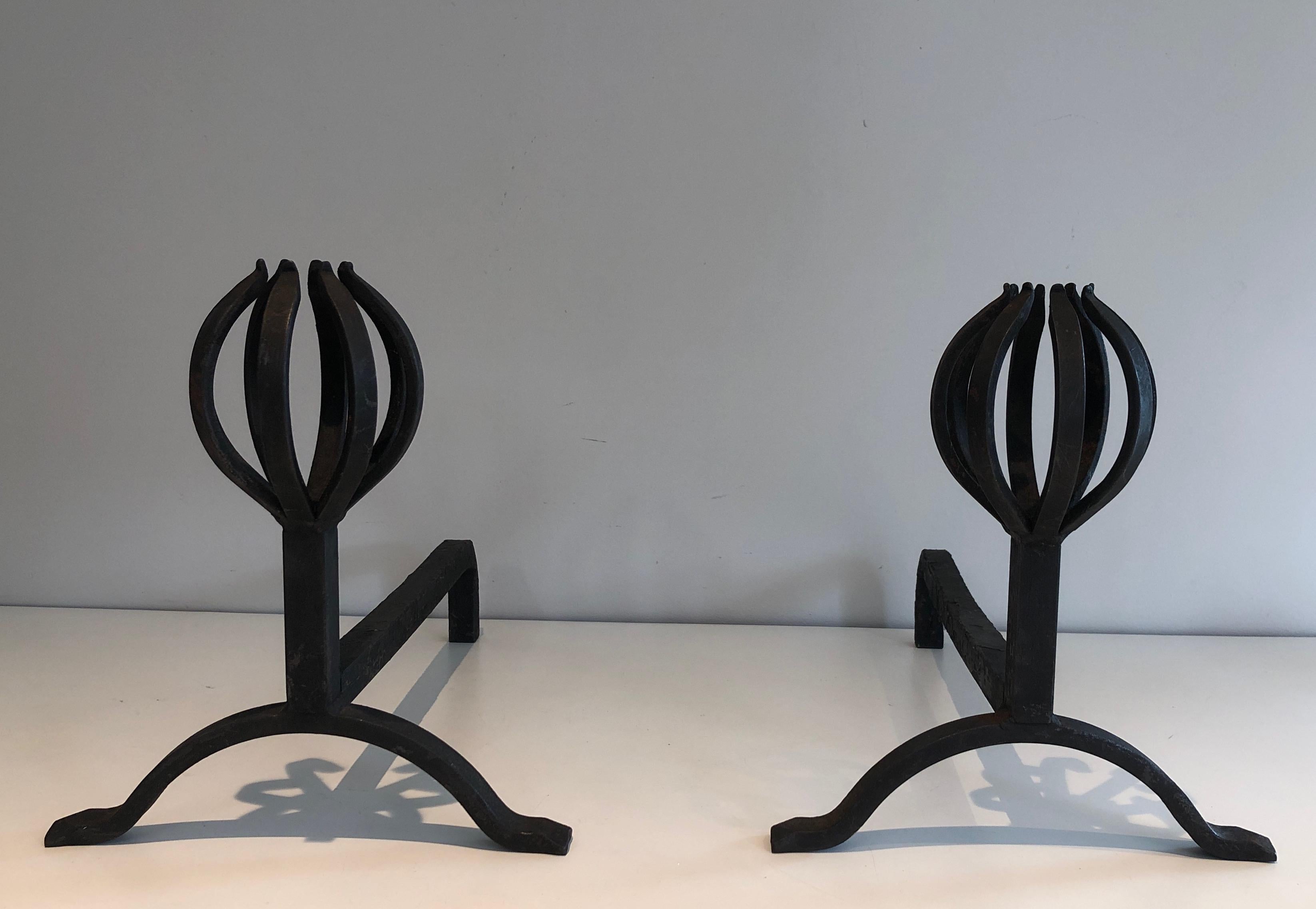 In the Style of Jean Royère, Pair of Modernist Wrought Iron Andirons 14