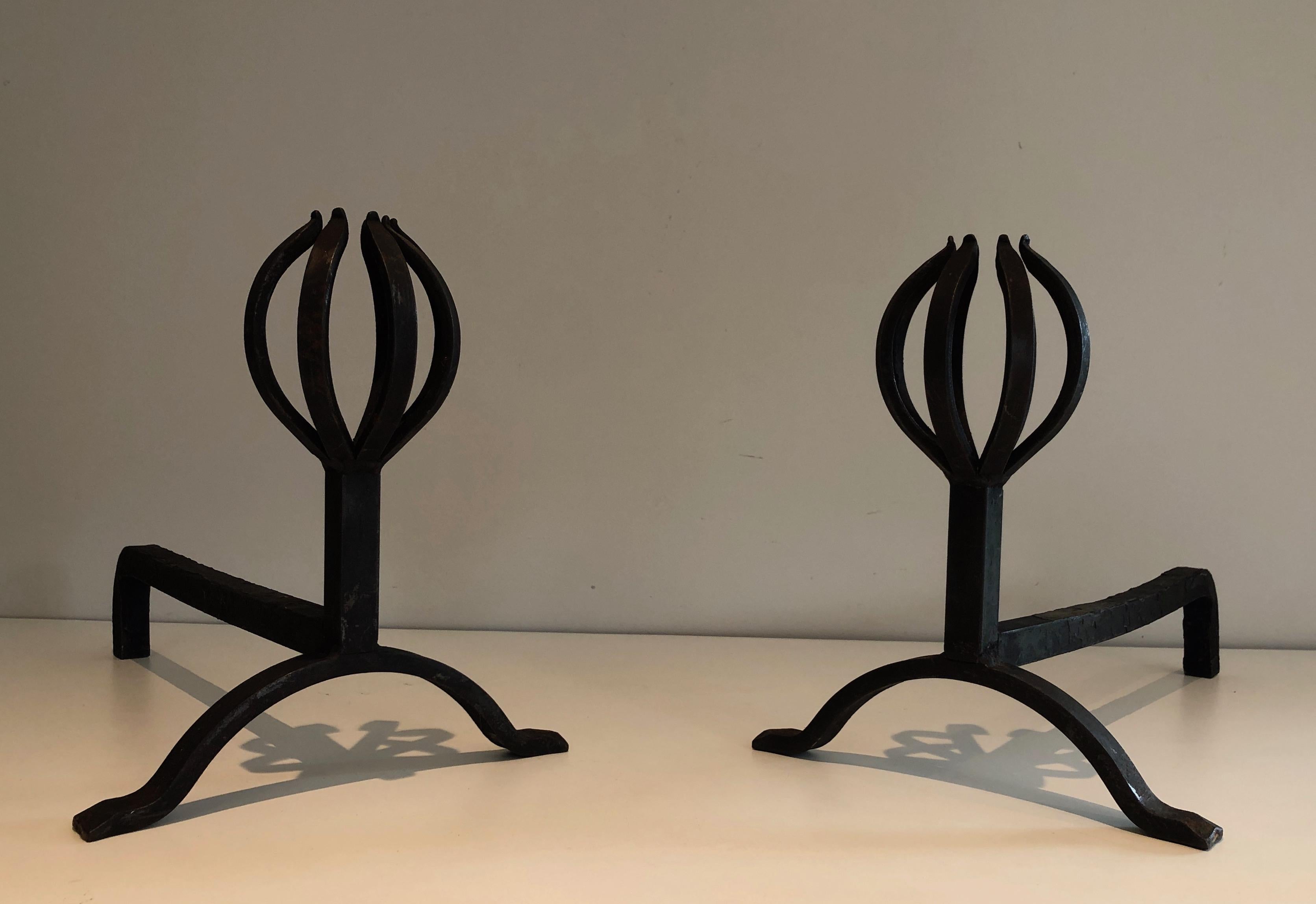 Mid-Century Modern In the Style of Jean Royère, Pair of Modernist Wrought Iron Andirons