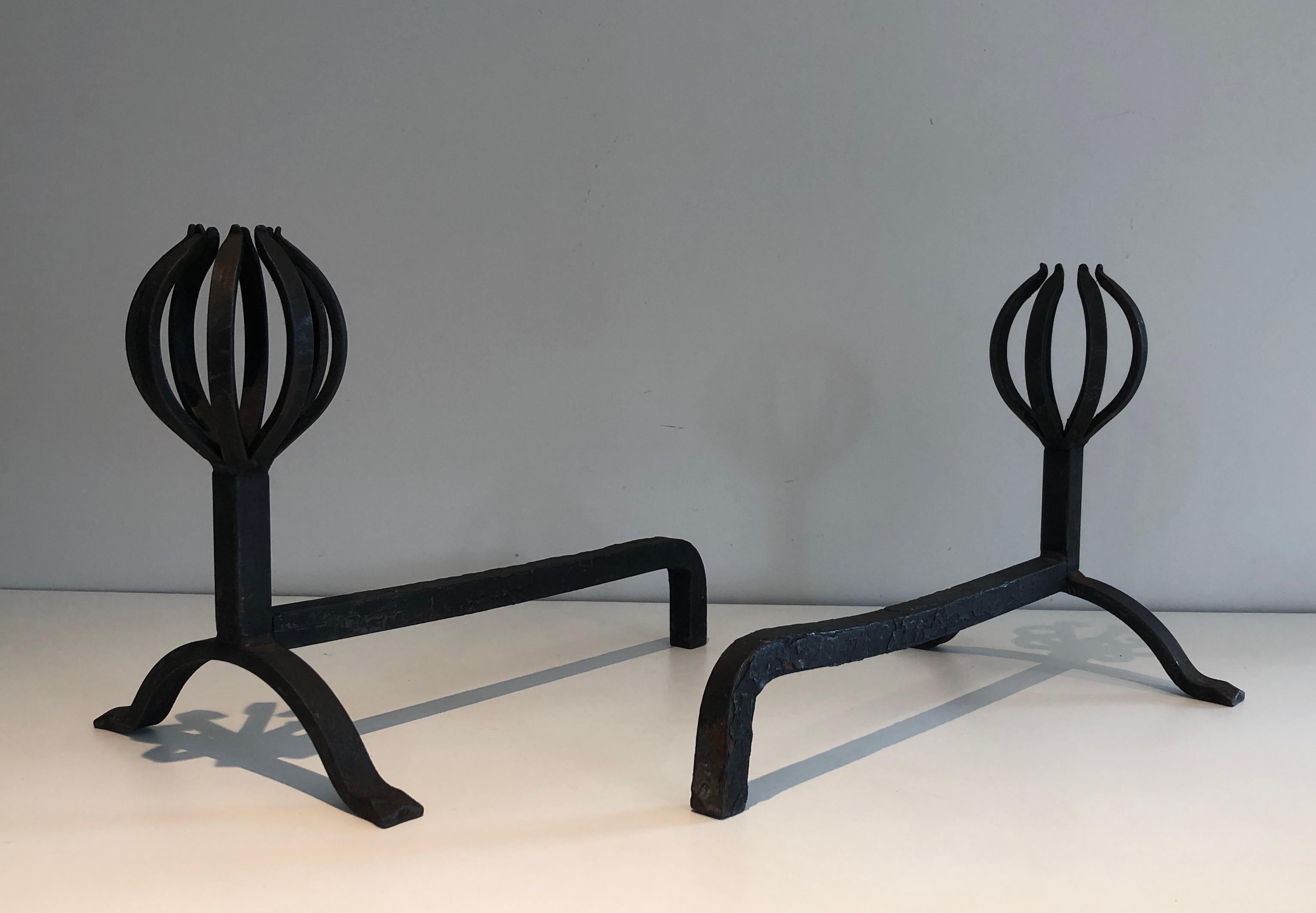 French In the Style of Jean Royère, Pair of Modernist Wrought Iron Andirons