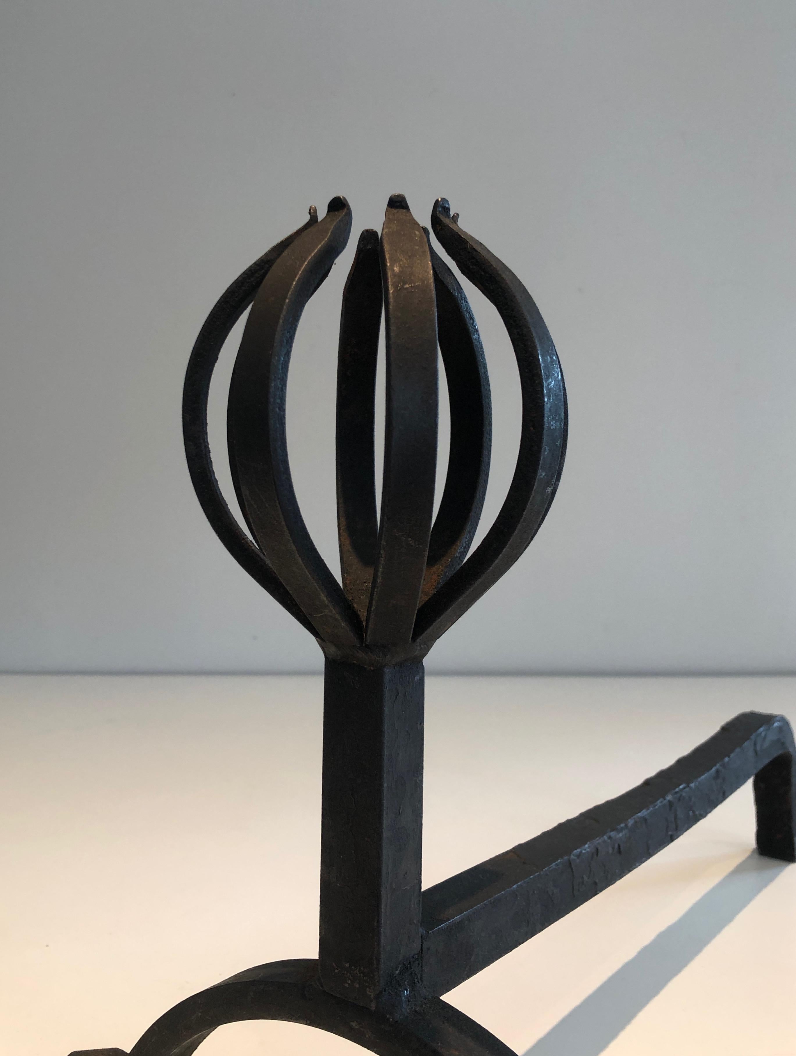 Mid-20th Century In the Style of Jean Royère, Pair of Modernist Wrought Iron Andirons