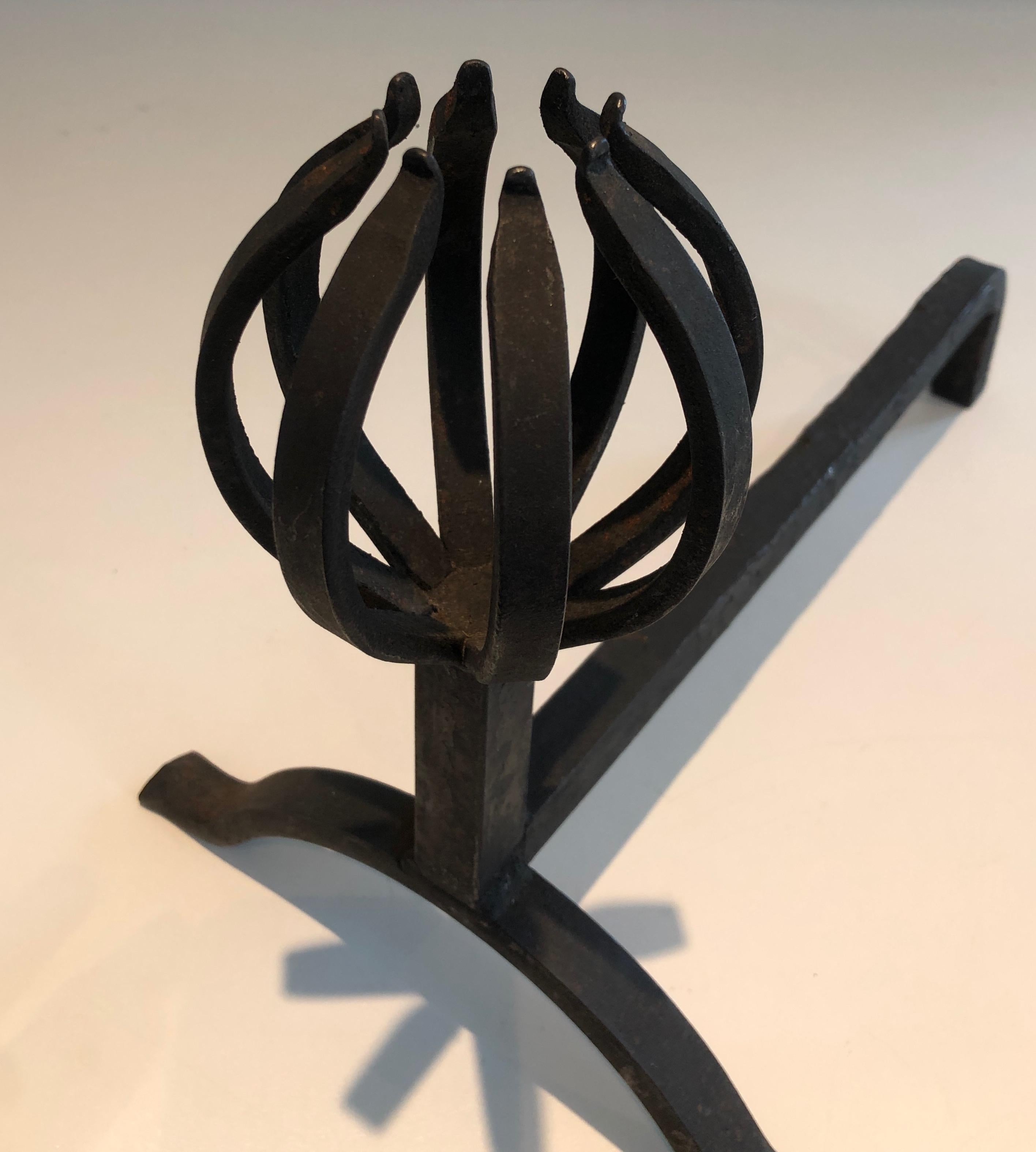 In the Style of Jean Royère, Pair of Modernist Wrought Iron Andirons 1