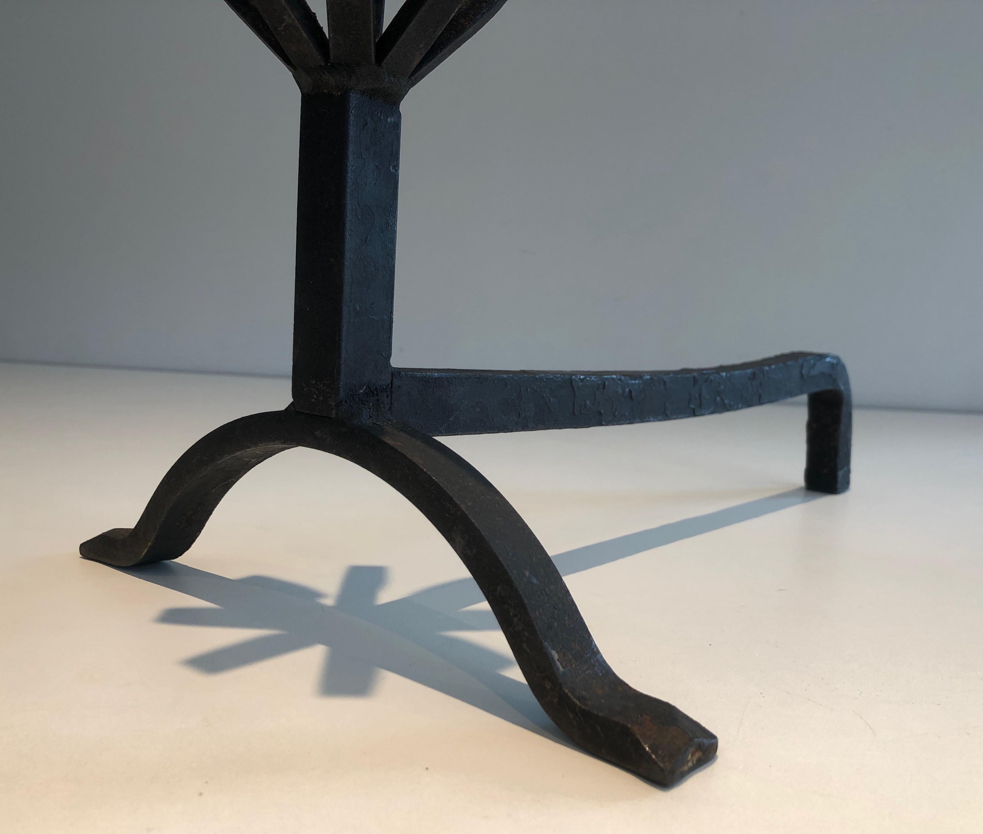 In the Style of Jean Royère, Pair of Modernist Wrought Iron Andirons 2