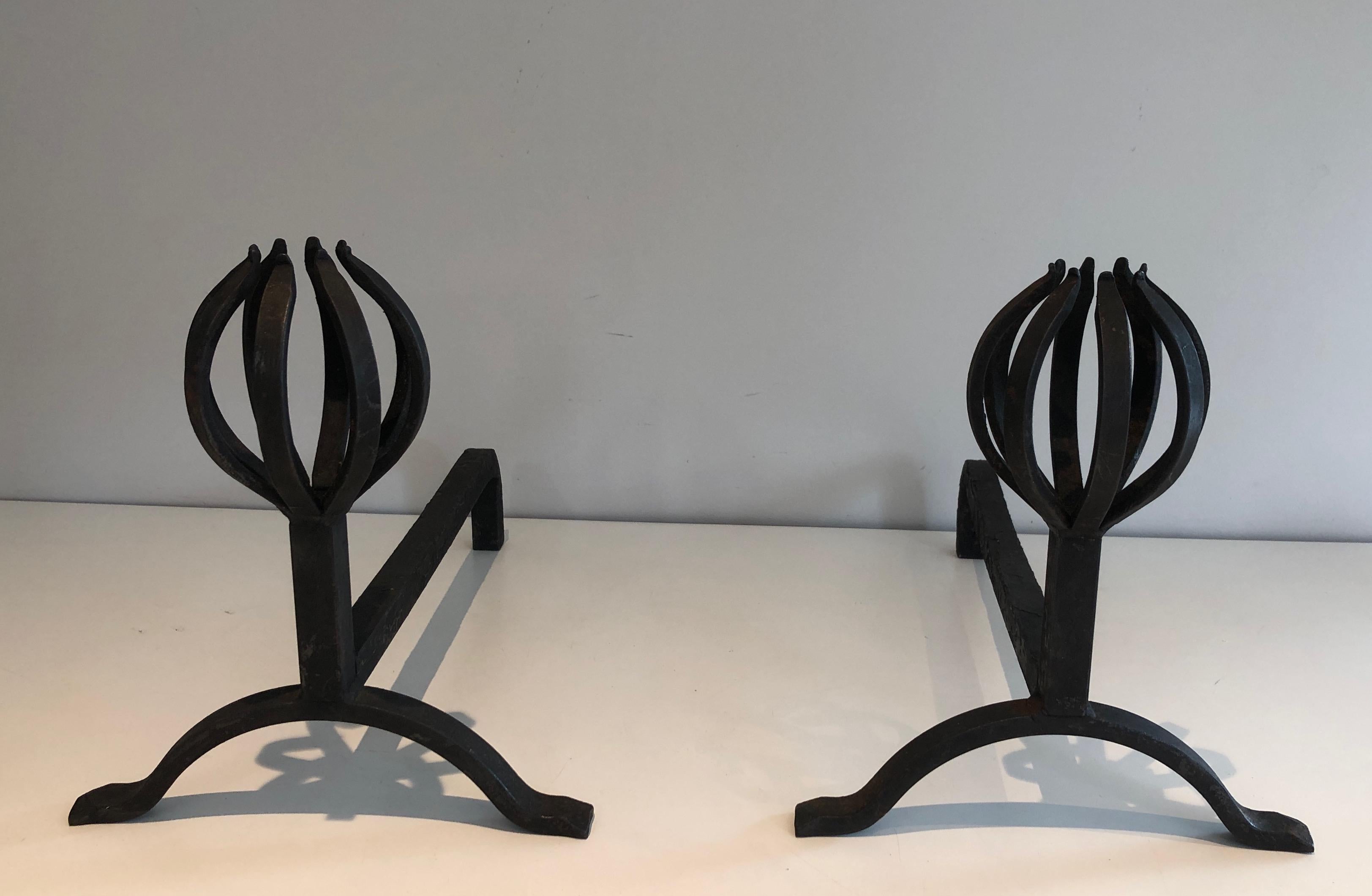 In the Style of Jean Royère, Pair of Modernist Wrought Iron Andirons 3