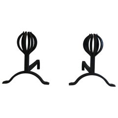 In the Style of Jean Royère, Pair of Modernist Wrought Iron Andirons